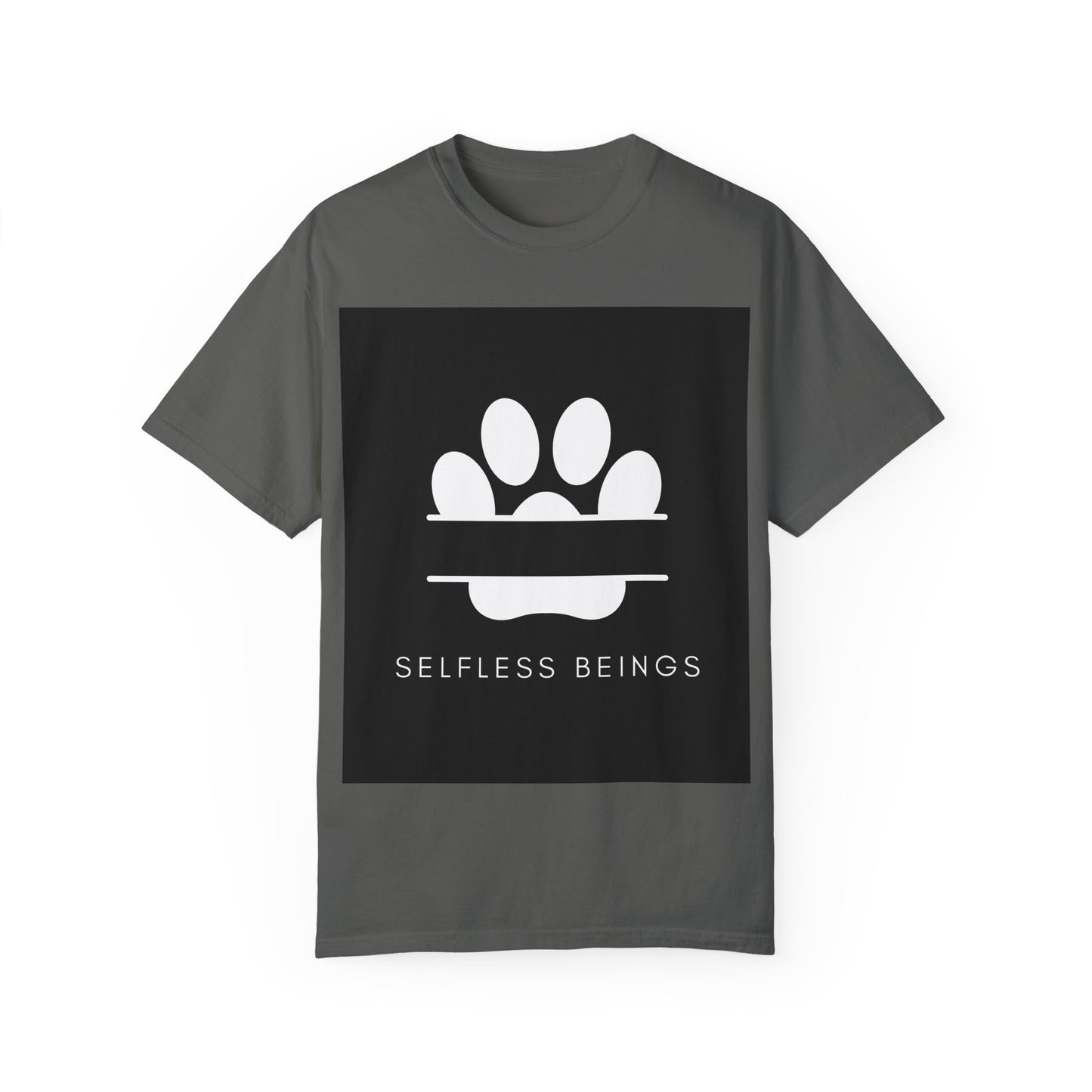 Unisex Dog Lover T-Shirt With Design of Dog's White Paw Print Whose Metacarpal is Split and Caption Selfless Beings
