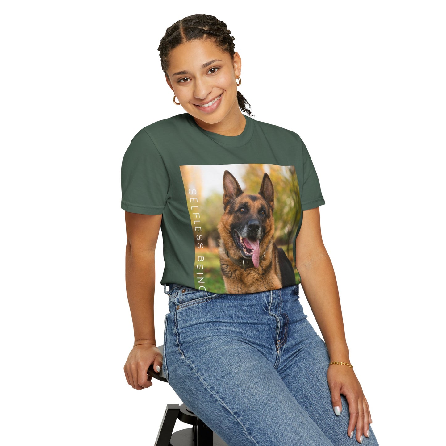 Unisex Dog Lover T-Shirt With Giant German Shepherd Relaxing on the Grass Leaving Tongue Out and Caption Selfless Beings