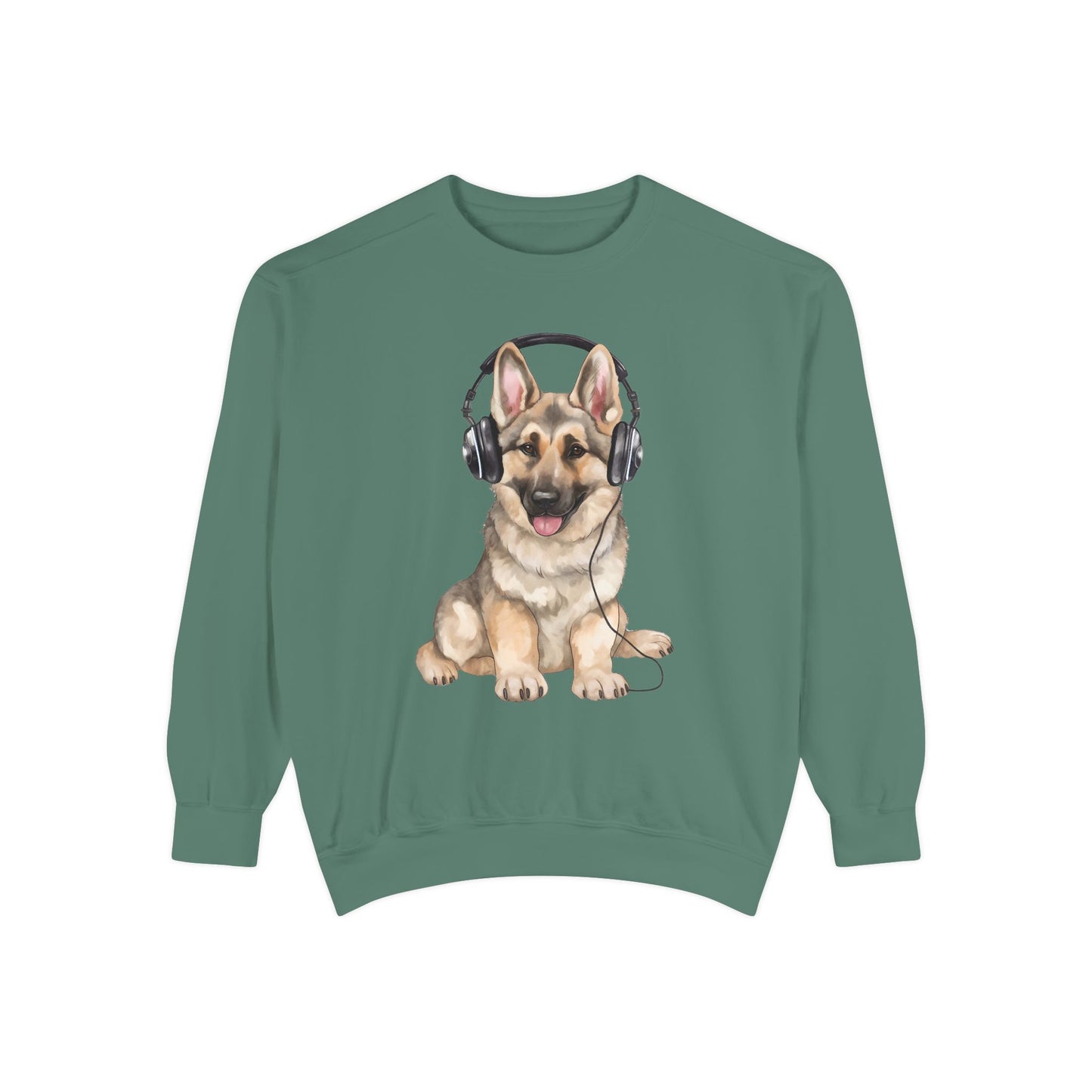 Unisex Dog Lover Sweatshirt With a German Shepherd Wearing Headphones Enjoying Music