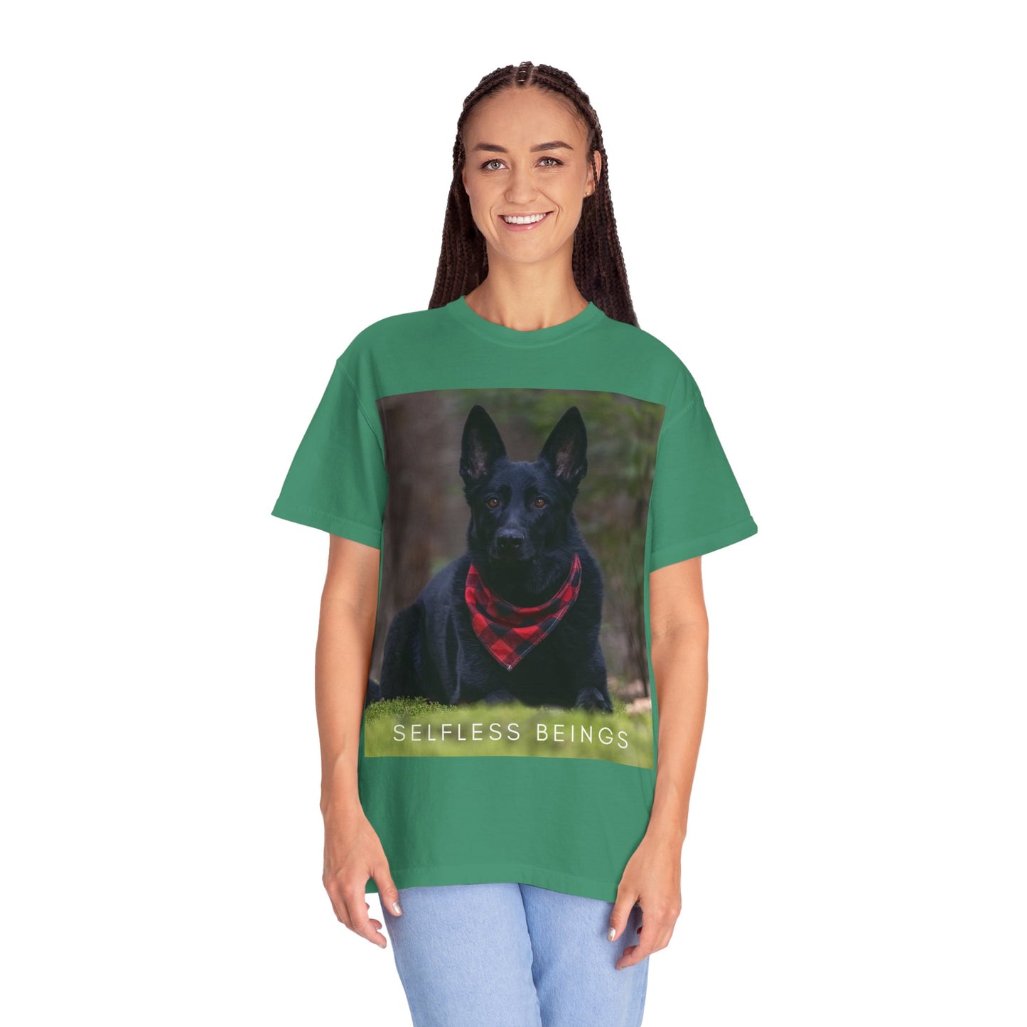 Unisex Dog Lover T-Shirt With a Solid Black German Shepherd Wearing a Red Romal Sitting and Caption Selfless Beings