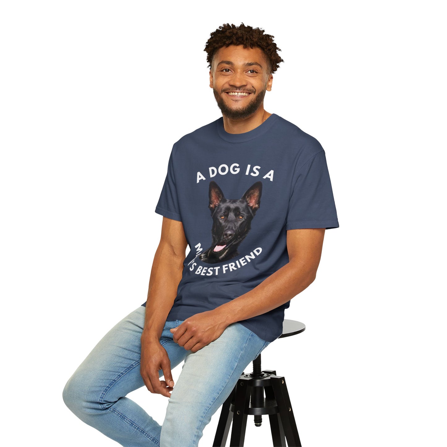 Unisex T-Shirt With Close Up Face of Giant German Shepherd and Quote A Dog Is A Man's Best Friend