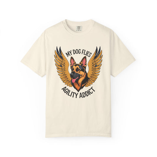 My Dog Flies, Agility Addict T-Shirt - German Shepherd With Wings, Unisex Tee for Pet Owners, Gift for Dog Lovers, Casual Wear, Dog Training Apparel, Animal Lover Shirt