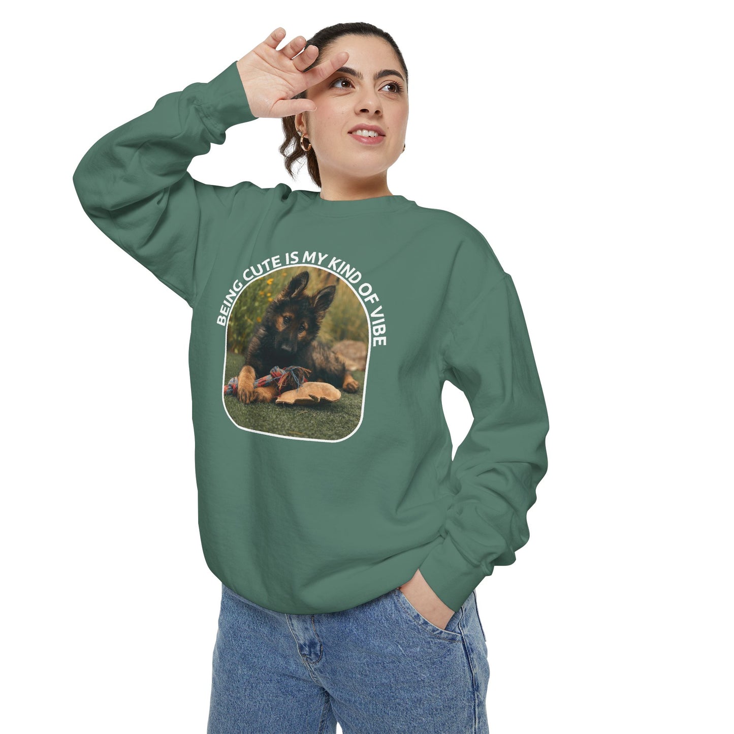 Unisex Dog Lover Sweatshirt With a German Shepherd Puppy and Caption Being Cute is My Kind of Vibe