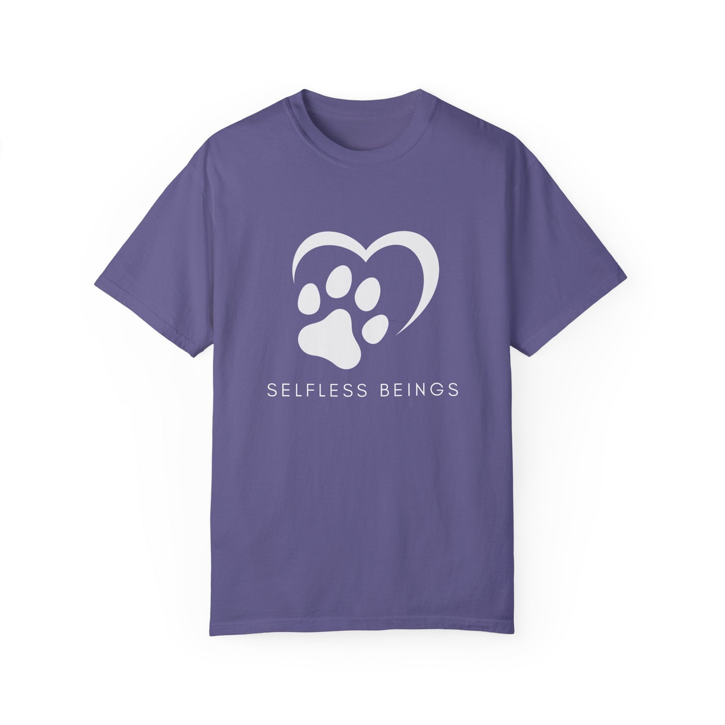 Unisex Dog Lover T-Shirt With Graphic of Half Heart and Dog Paw Print and Caption Selfless Beings Below