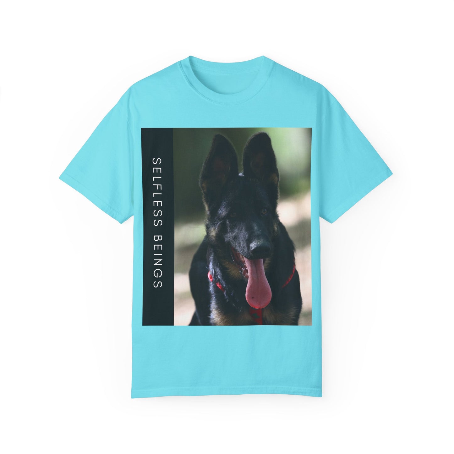 Unisex Dog Lover T-Shirt With Close Up Portrait of Slim German Shepherd Leaving His Tongue Out and Caption Selfless Beings