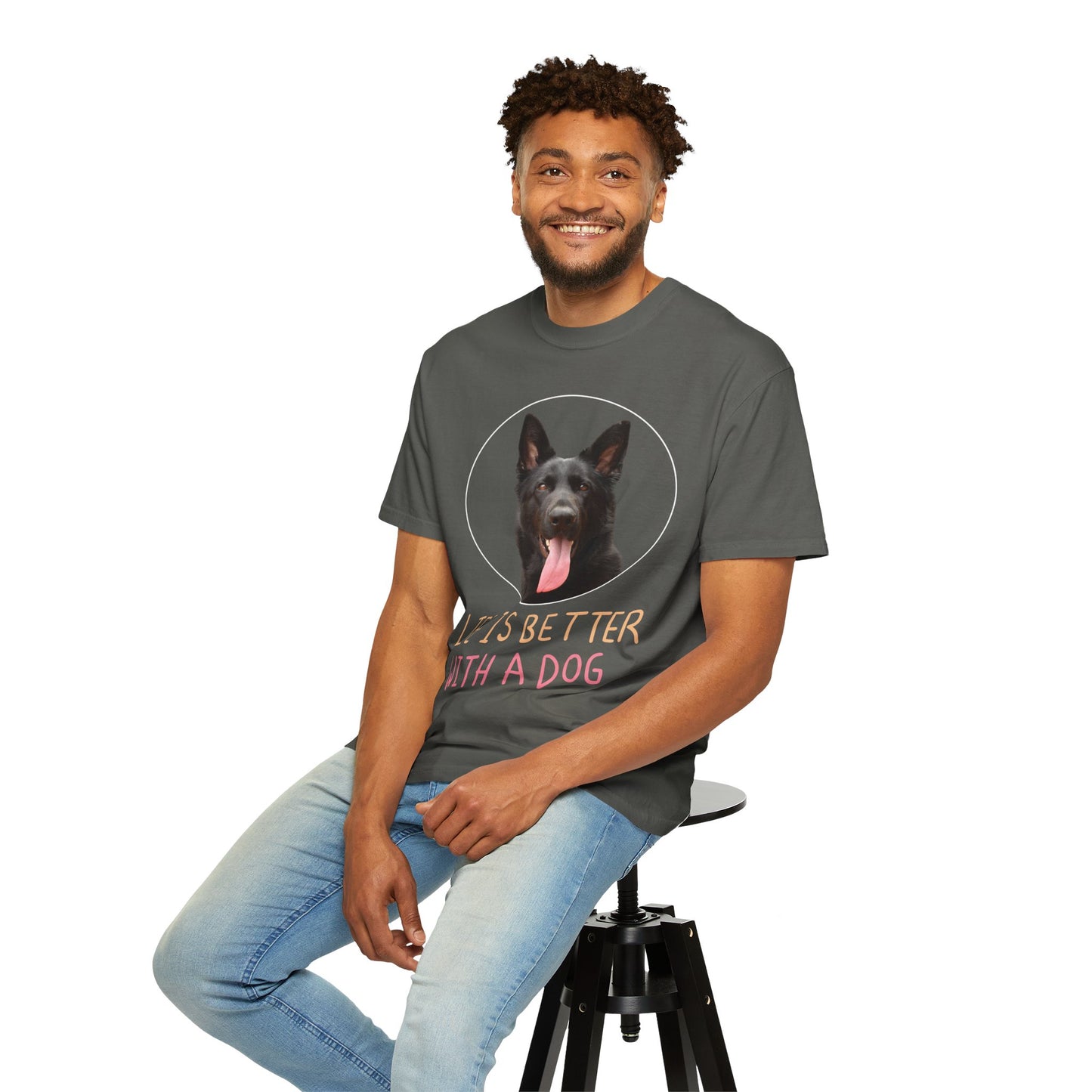 Unisex Dog Lover T-Shirt With Black German Shepherd Leaving Tongue Out and Caption Life is Better With A Dog