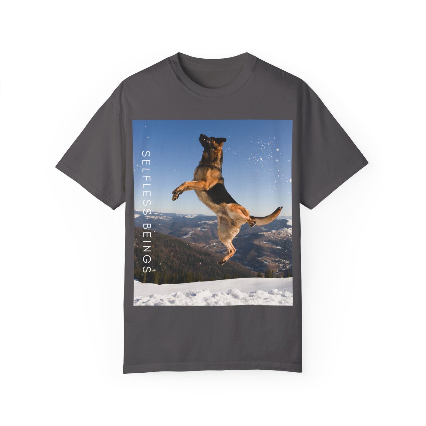 Unisex Dog Lover T-Shirt With a German Shepherd in the Air on Top of Snow Mountain and Caption Selfless Beings