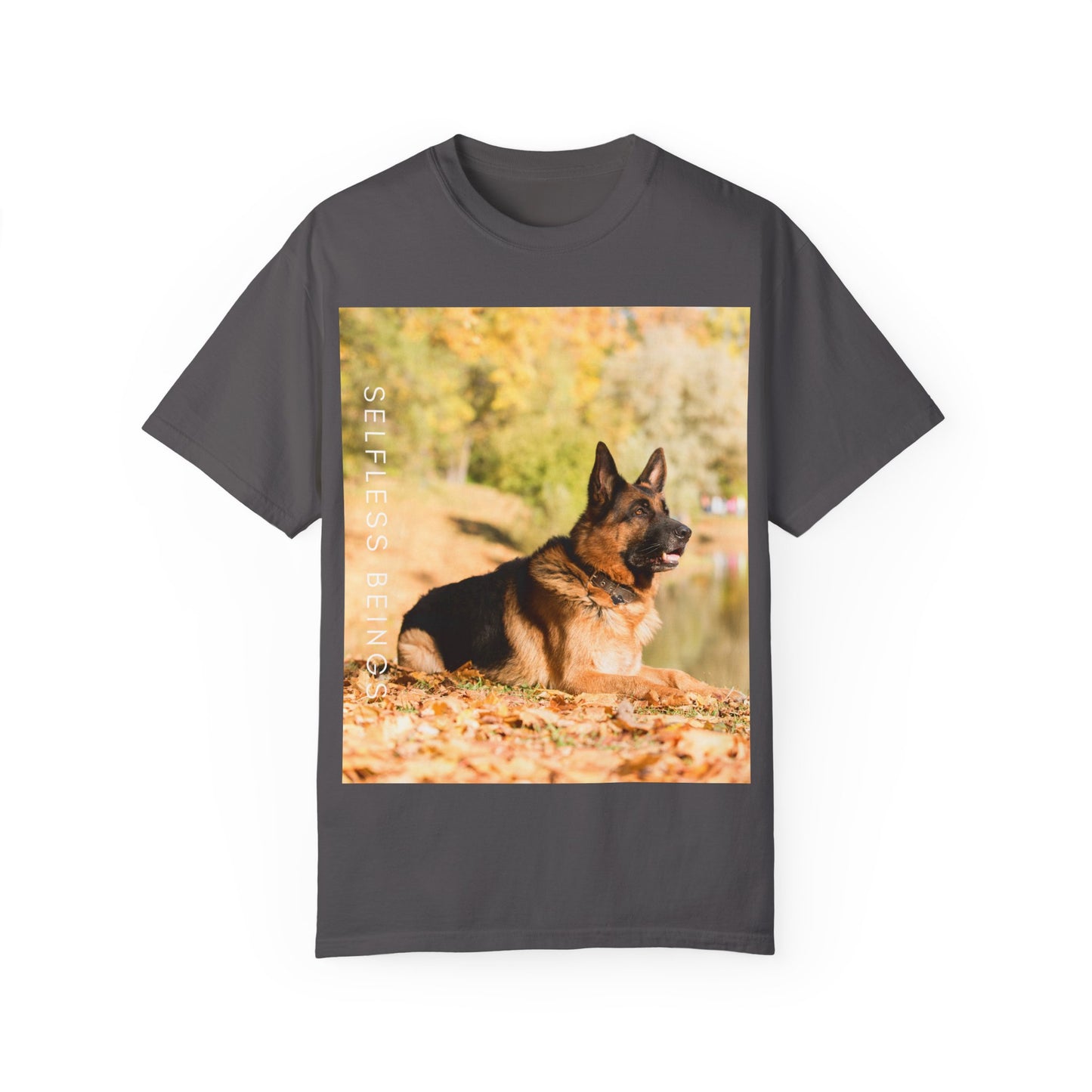 Unisex Dog Lover T-Shirt With a German Shepherd Resting in the Autumn Park on Leaves Near a Pond and Caption Selfless Beings