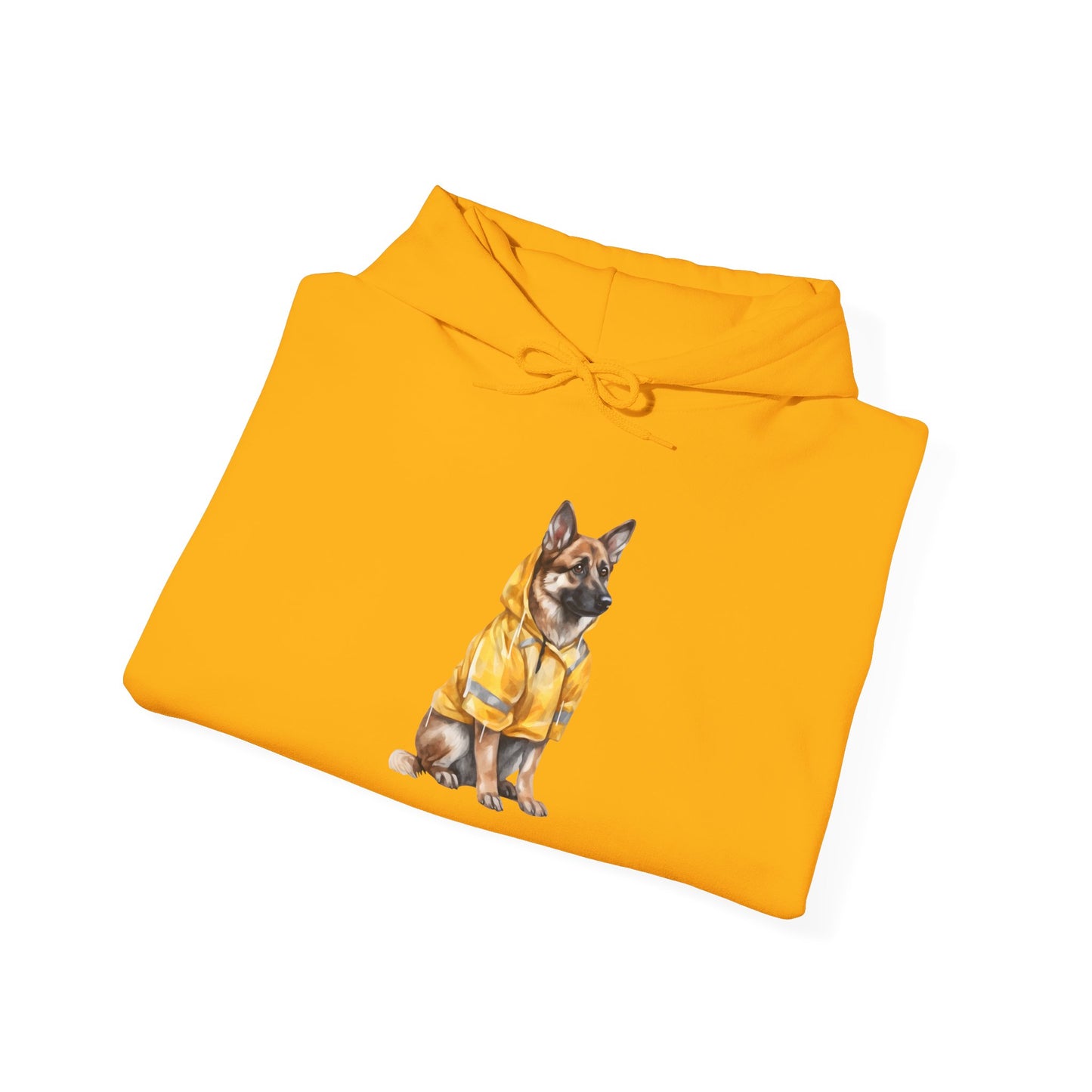 Unisex Dog Lover Hoodie With a Graphic of German Shepherd Wearing a Yellow Rain Coat