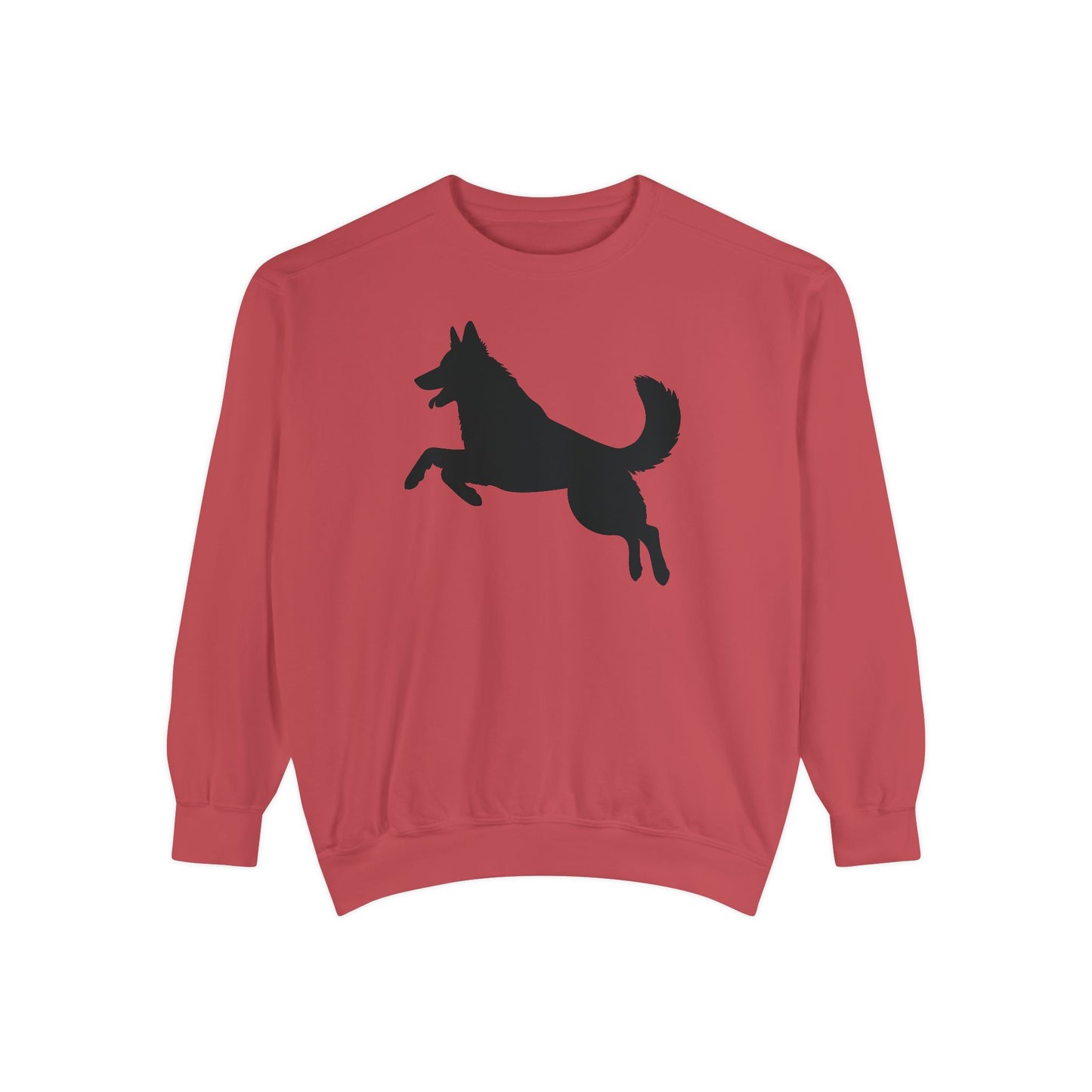 Unisex Dog Lover Sweatshirt With a Graphic of Solid Black German Shepherd Jumping in the Air