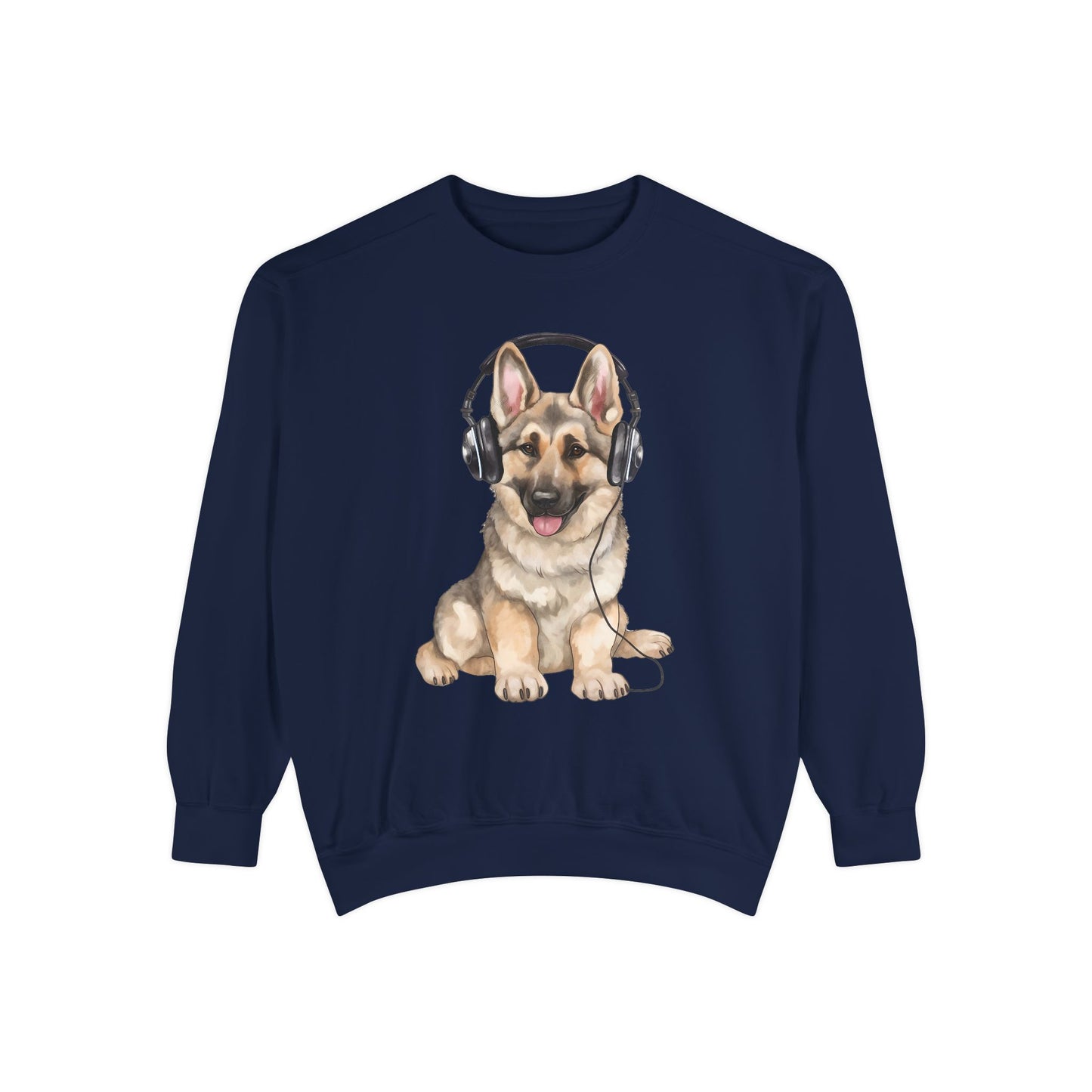 Unisex Dog Lover Sweatshirt With a German Shepherd Wearing Headphones Enjoying Music