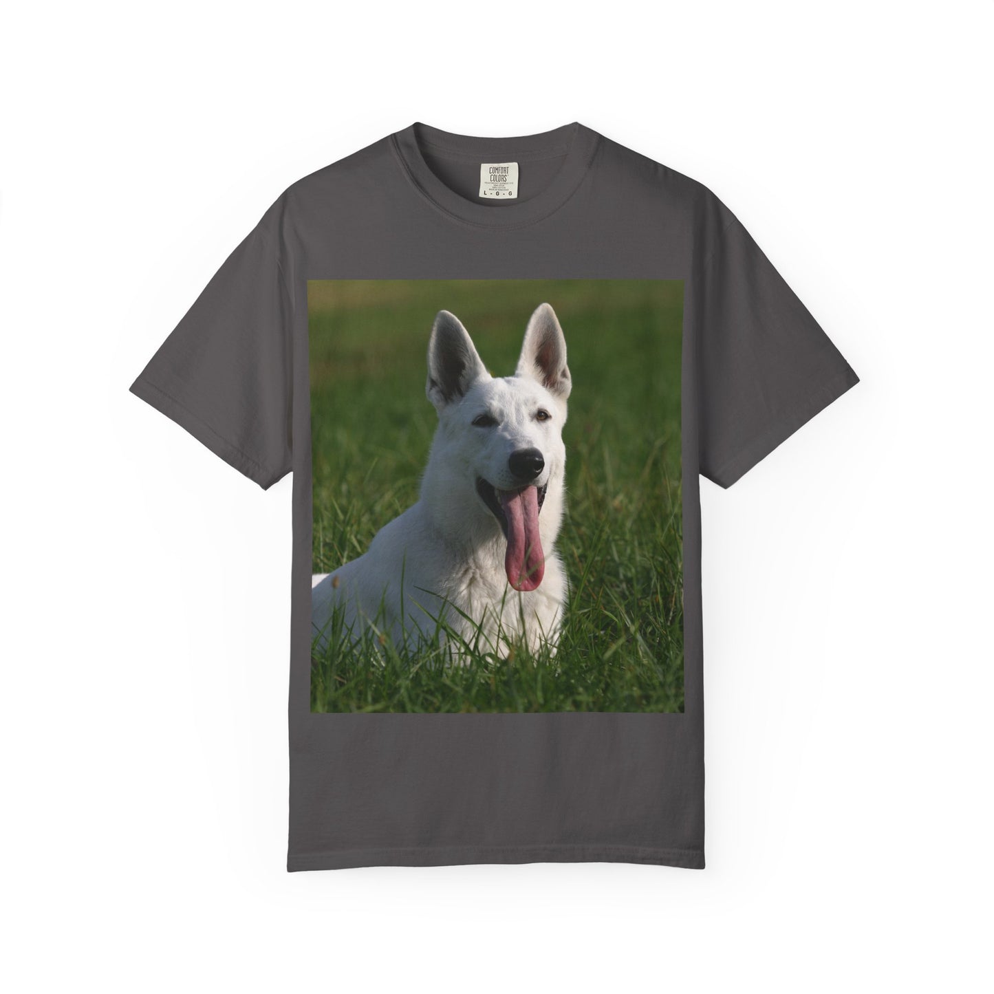 Unisex Dog Lover T-Shirt Featuring White German Shepherd Resting On Green Grass Leaving Tongue Out