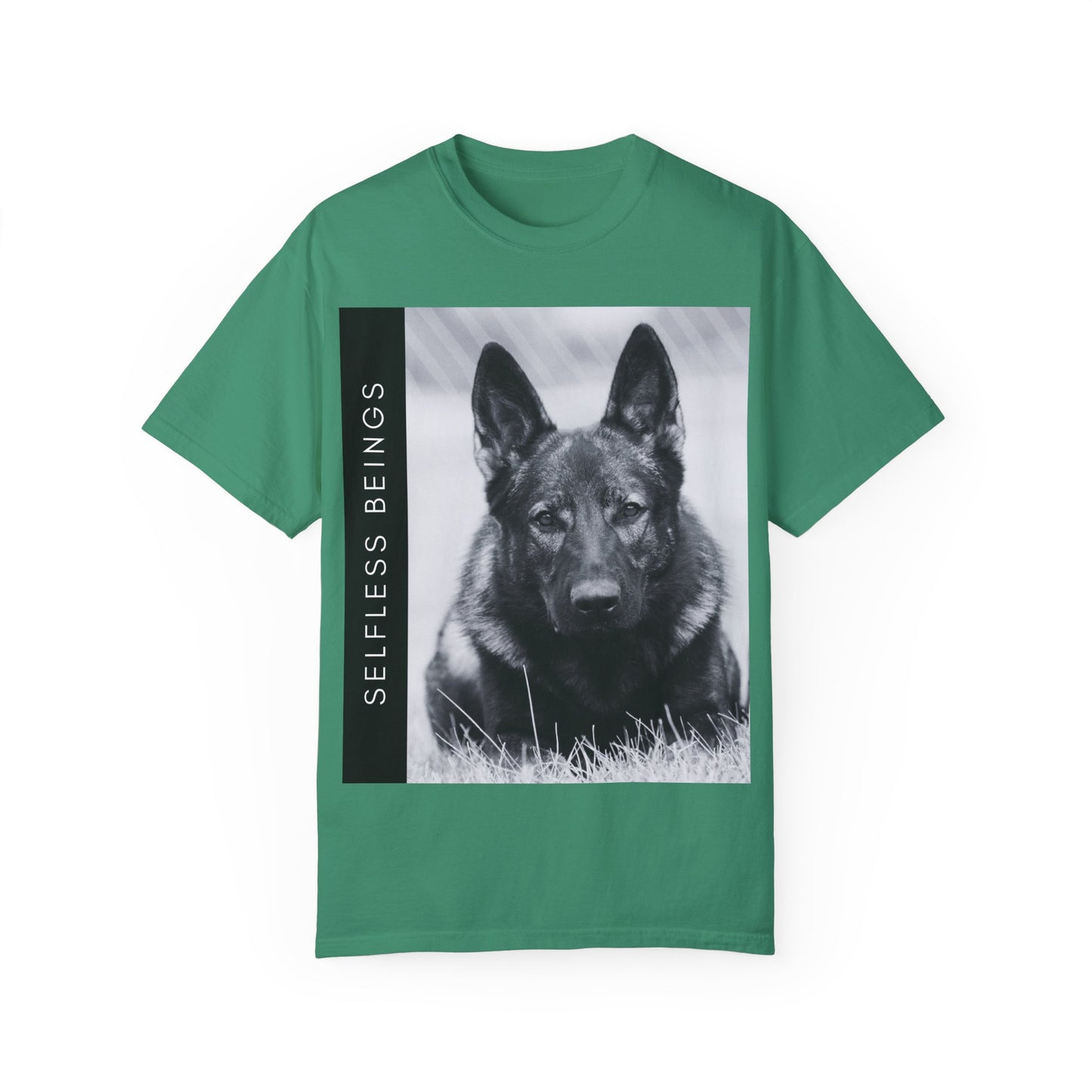 Unisex Dog Lover T-Shirt With a Working Line German Shepherd Resting on the Grass and Caption Selfless Beings