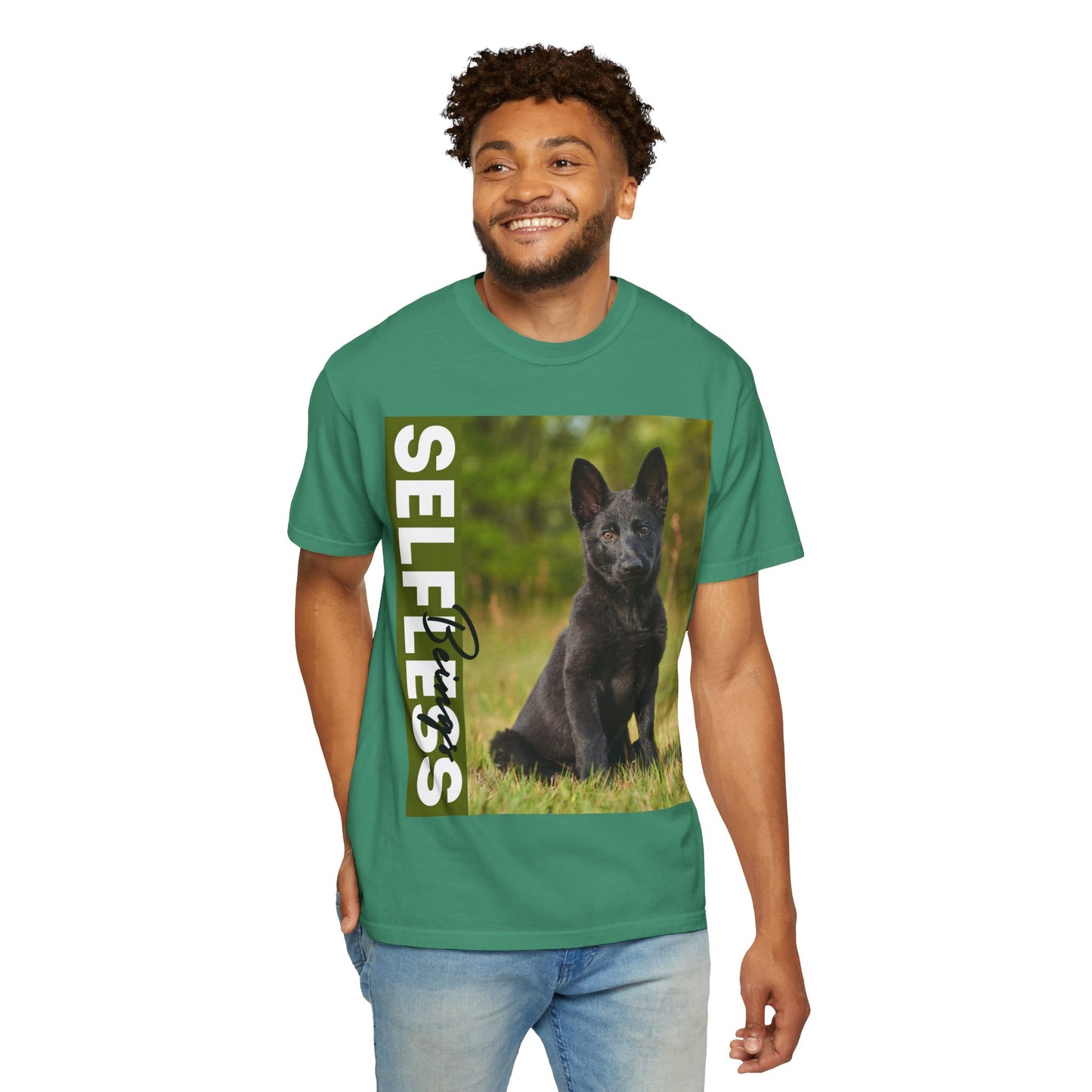 Unisex Dog Lover T-Shirt With Solid Black German Shepherd Puppy Sloppily Sitting on the Green Pasture and Caption Selfless Beings