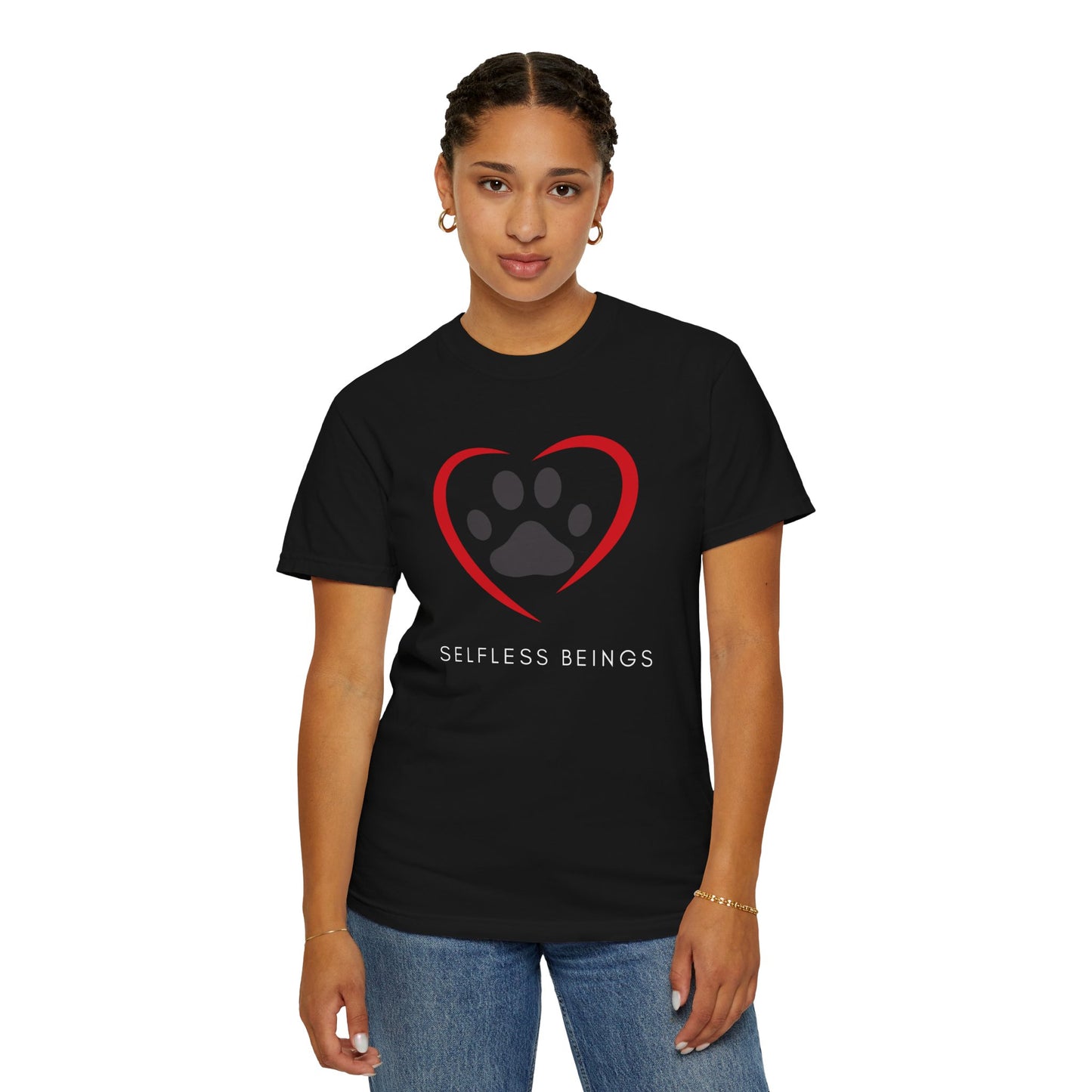 Unisex Dog Lover T-Shirt With Graphic of Curvy Heart Boundaries Contain Dog Paw Print and Caption Selfless Beings Below