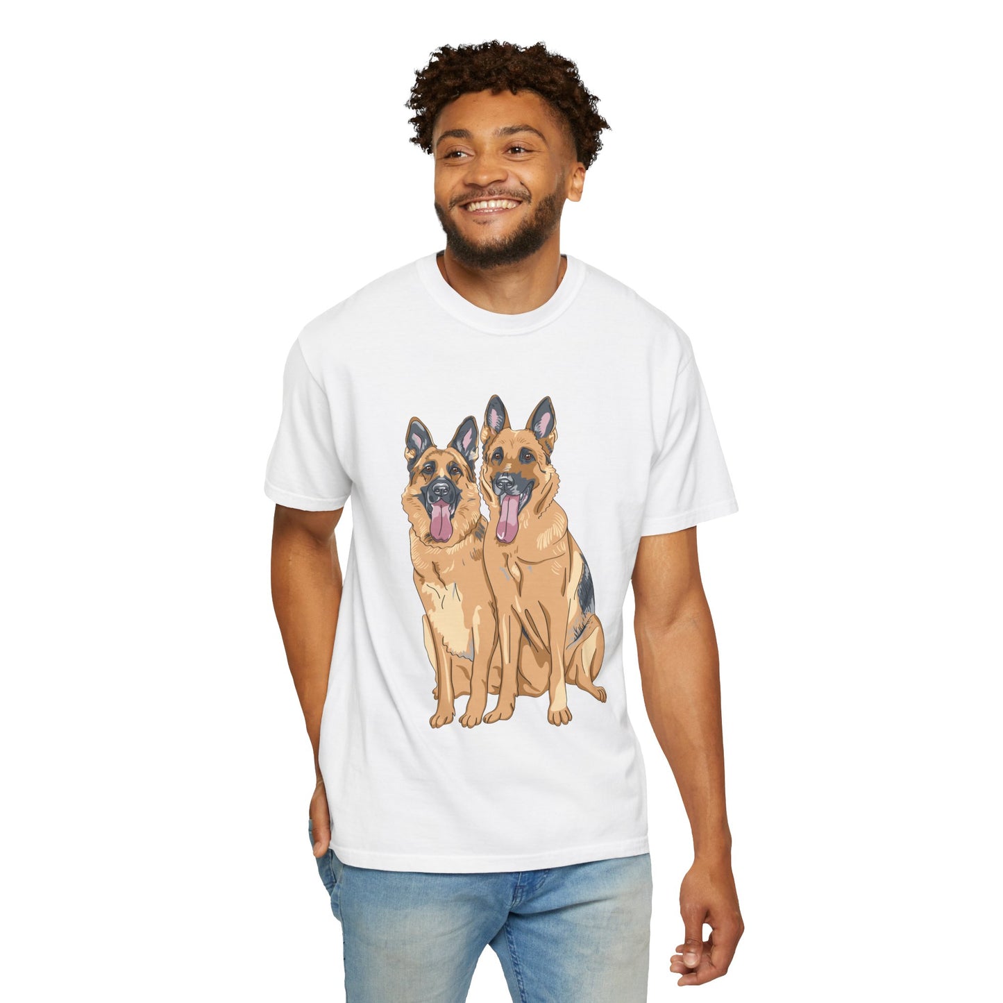 Unisex T-Shirt With Graphic of Two German Shepherds Sloppily Sitting Leaving Tongue Out