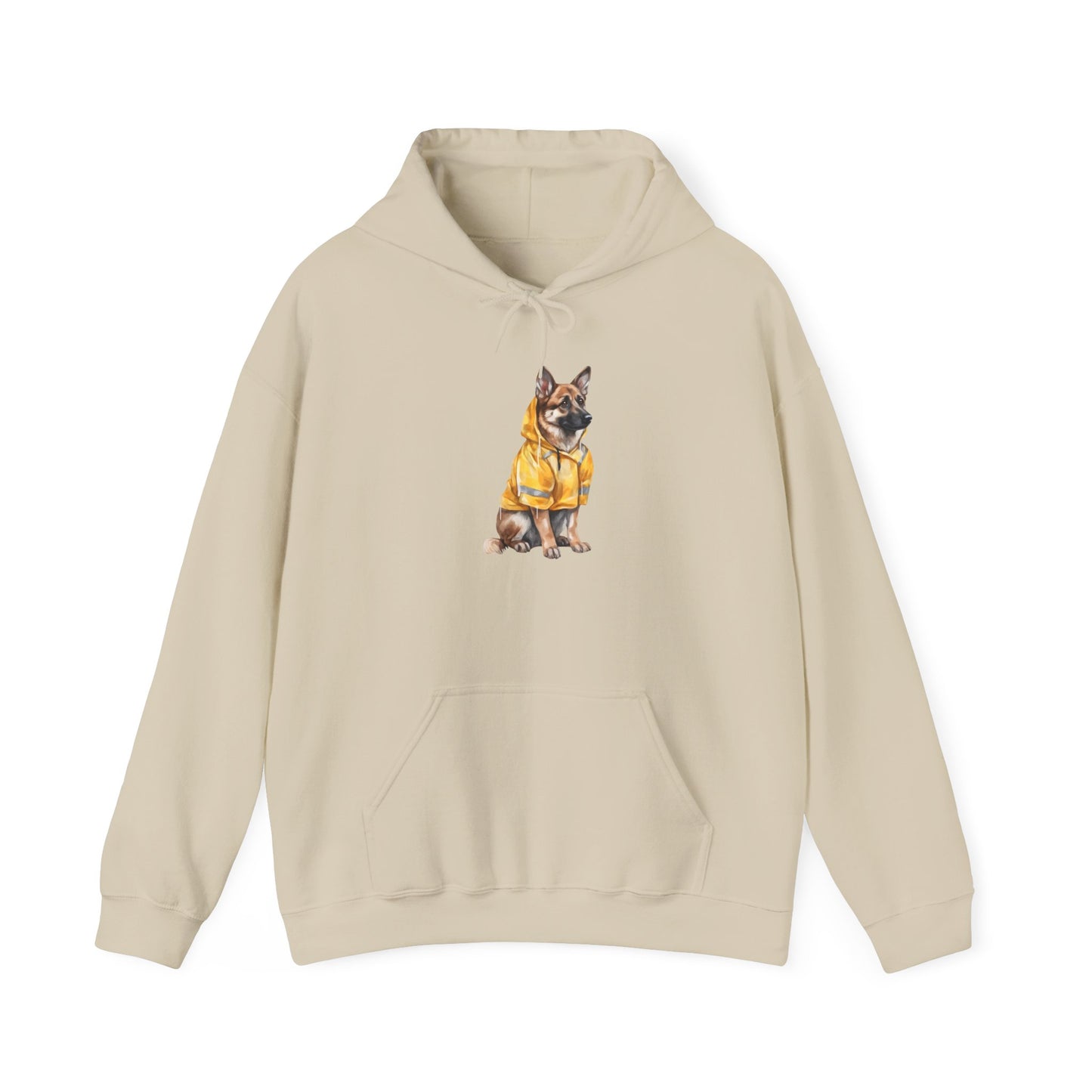 Unisex Dog Lover Hoodie With a Graphic of German Shepherd Wearing a Yellow Rain Coat