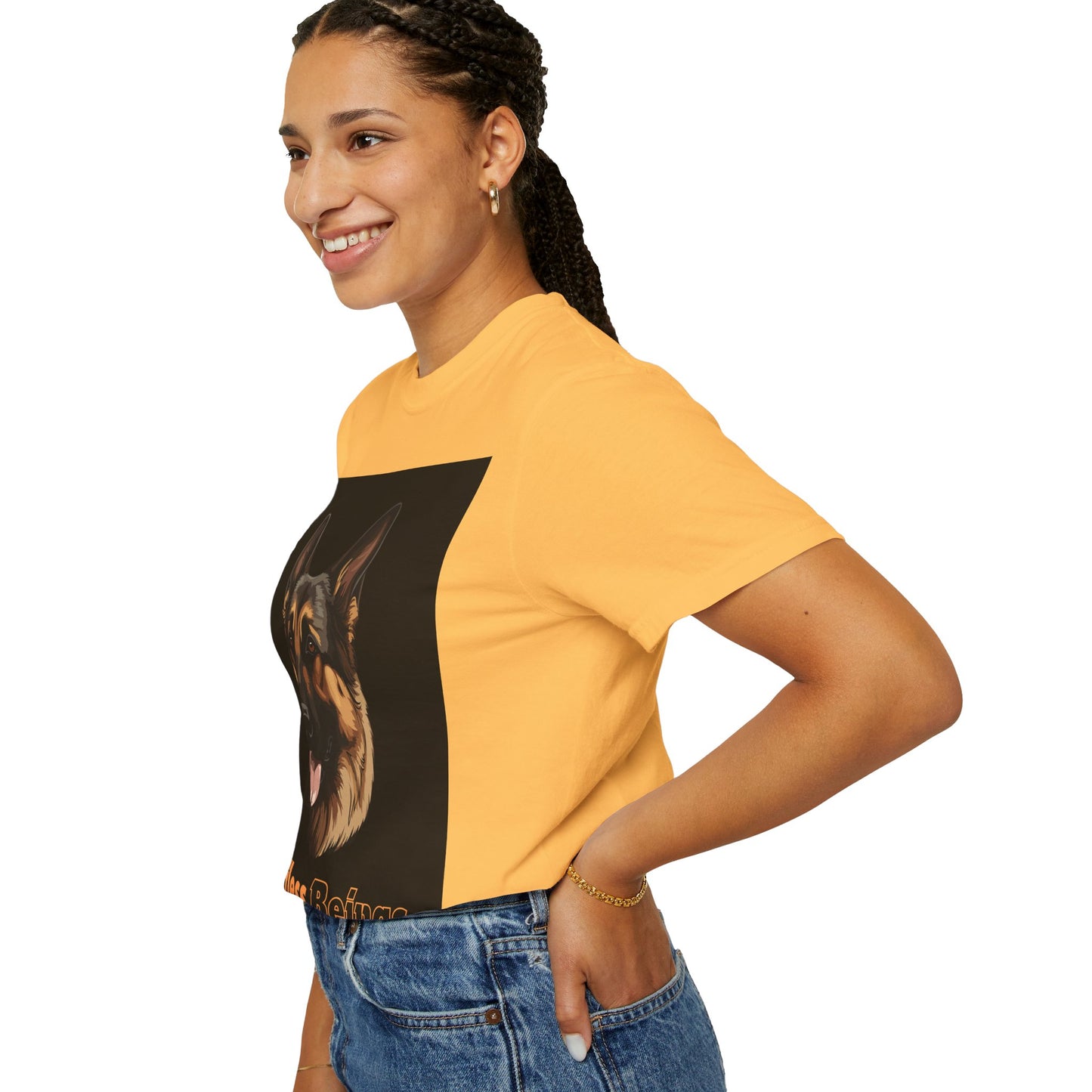 Unisex Dog Lover T-Shirt With Close Up Graphic of German Shepherd and Caption Selfless Beings is Written with Text Effect in Light Orange
