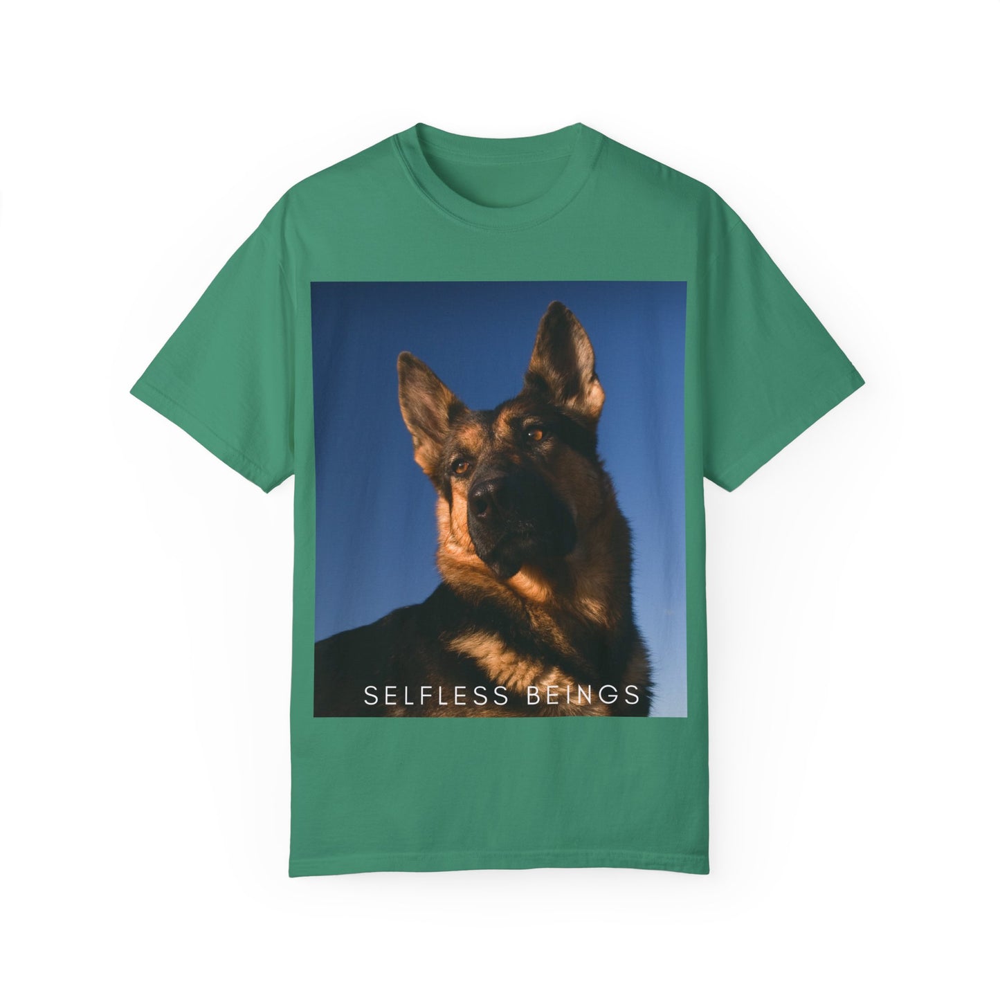 Unisex Dog Lover T-shirt With Close Up Portrait of Giant German Shepherd Turning His Head and Caption Selfless Beings