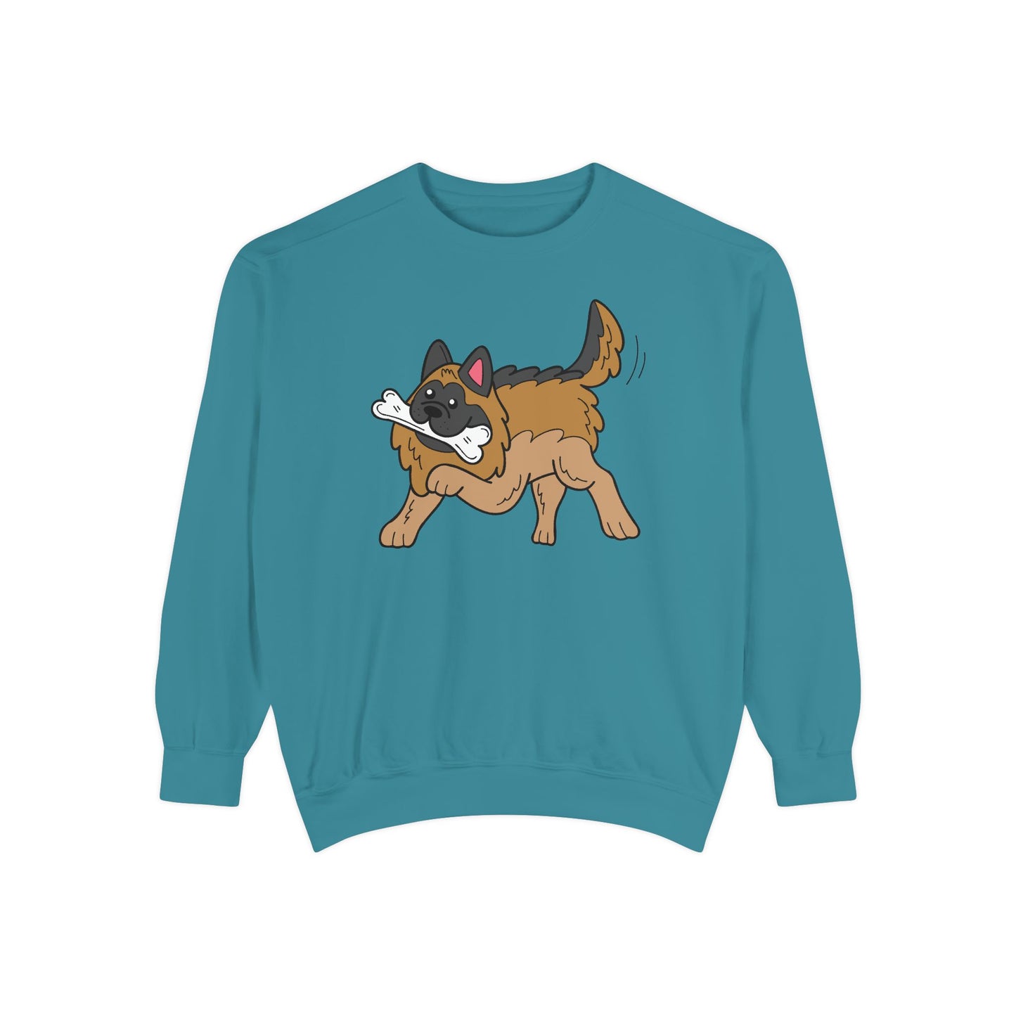 Unisex Dog Lover Sweatshirt With a Graphic of a German Shepherd Holding a White Bone in Mouth
