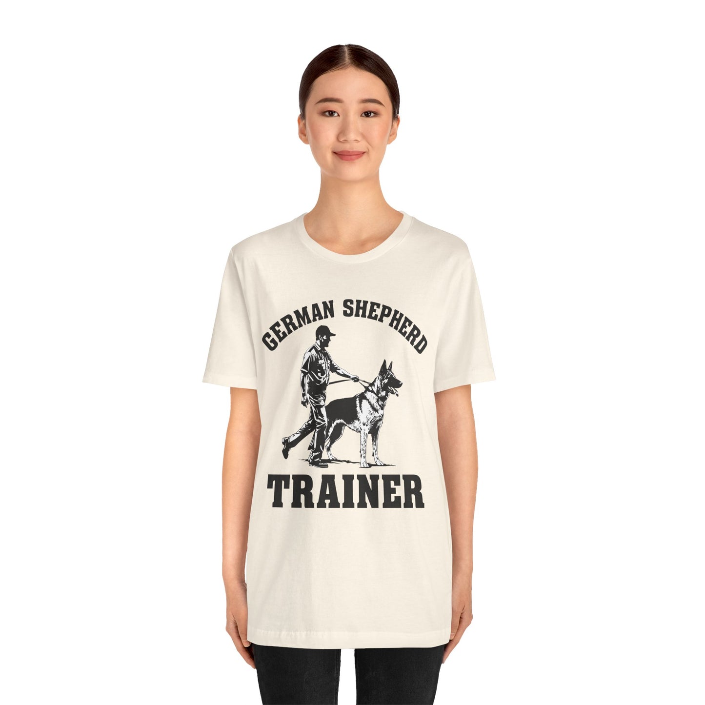 German Shepherd Trainer Tee - Black and White Design of Man Holding a German Shepherd