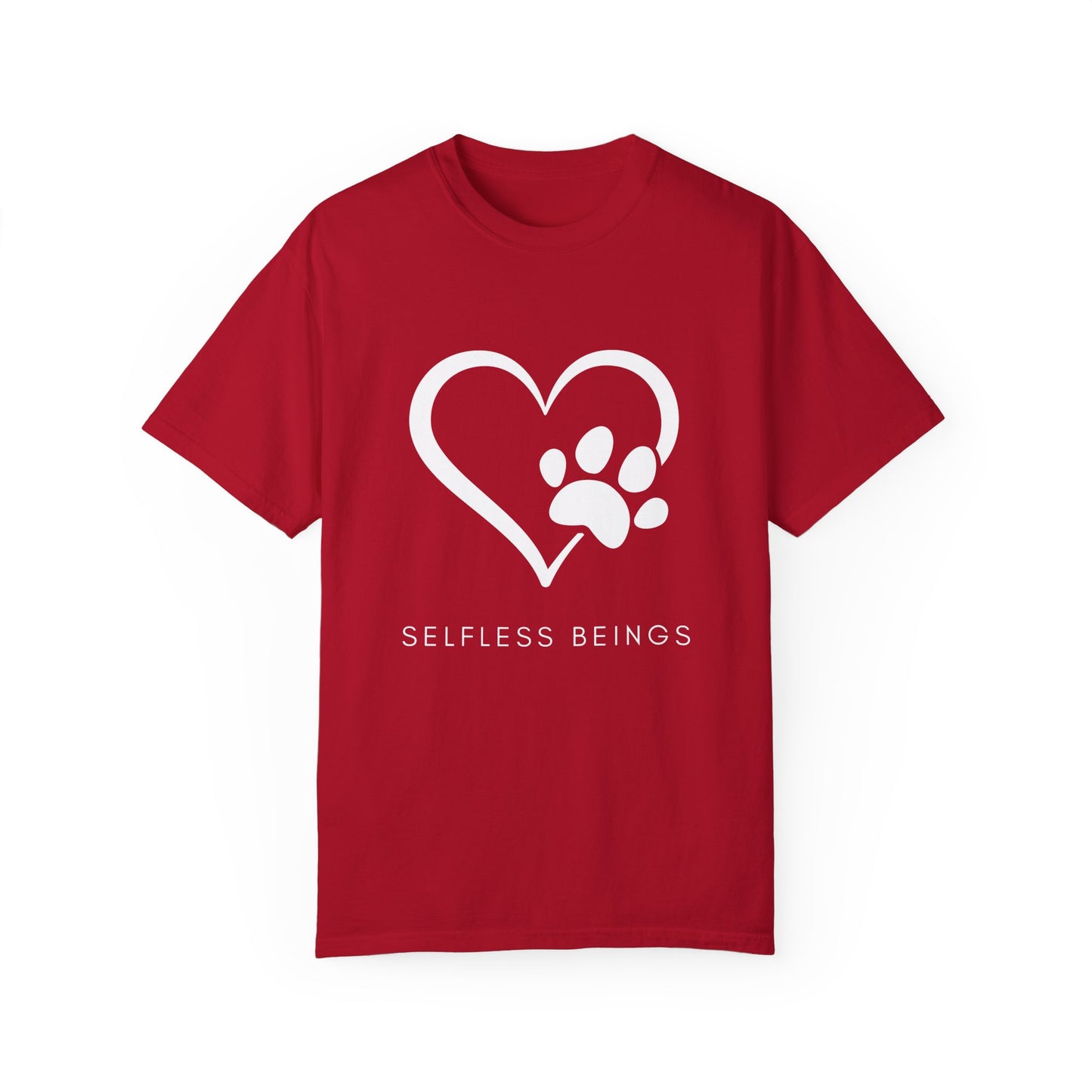 Unisex Dog Lover T-Shirt With Graphic of Heart Whose Right Side Contains Dog Paw's Print and Caption Selfless Beings
