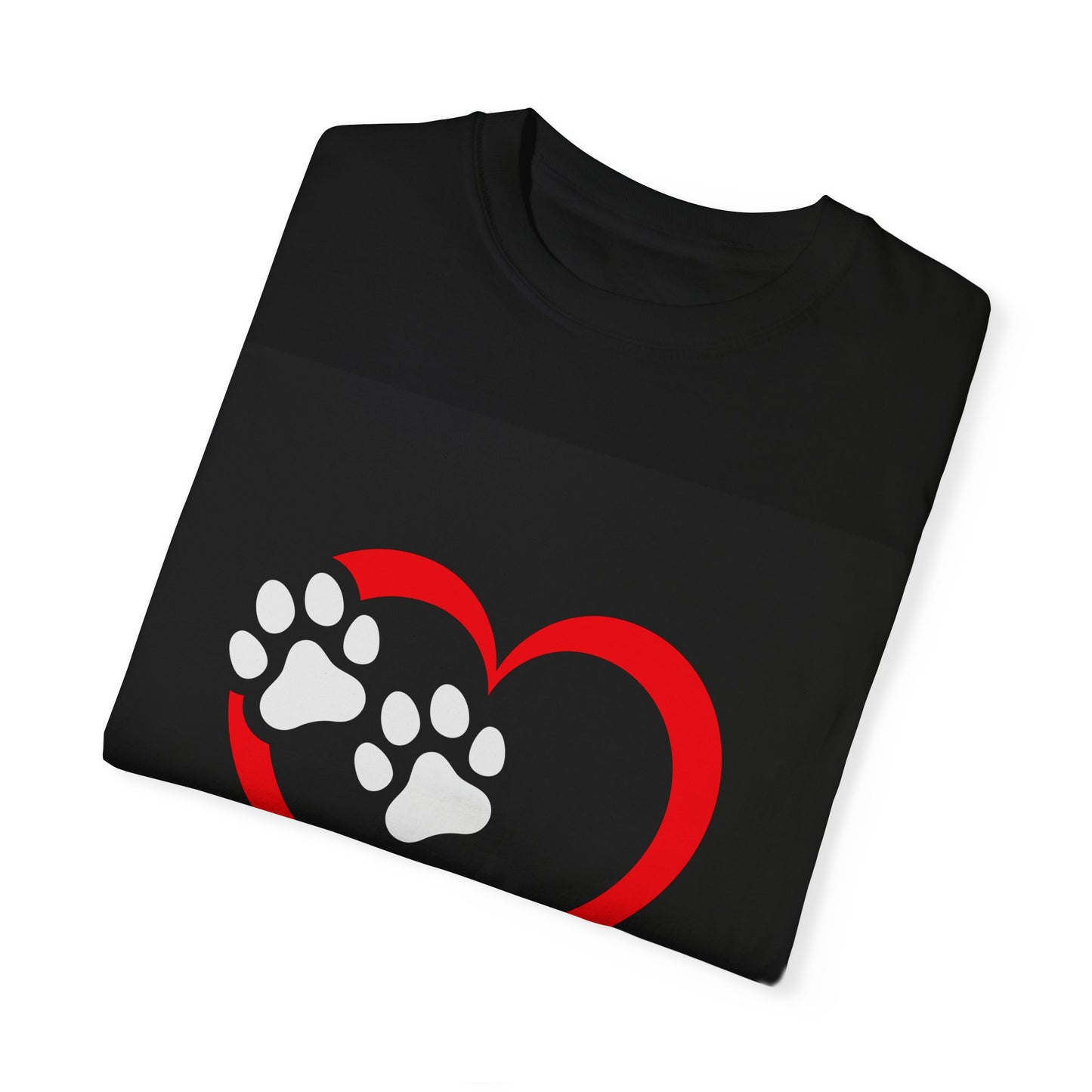 Unisex Dog Lover T-Shirt With Graphic of Red Heart That Contains Two White Dog Paw Prints and Caption Selfless Beings