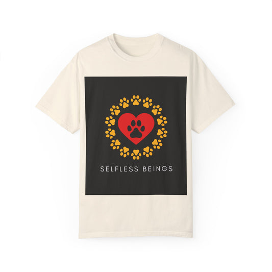 Unisex Dog Lover T-Shirt With Graphic of Yellow Paw Prints In Circle Contain Red Heart Which Contains Black Dog Paw Print Inside and Caption Selfless Beings