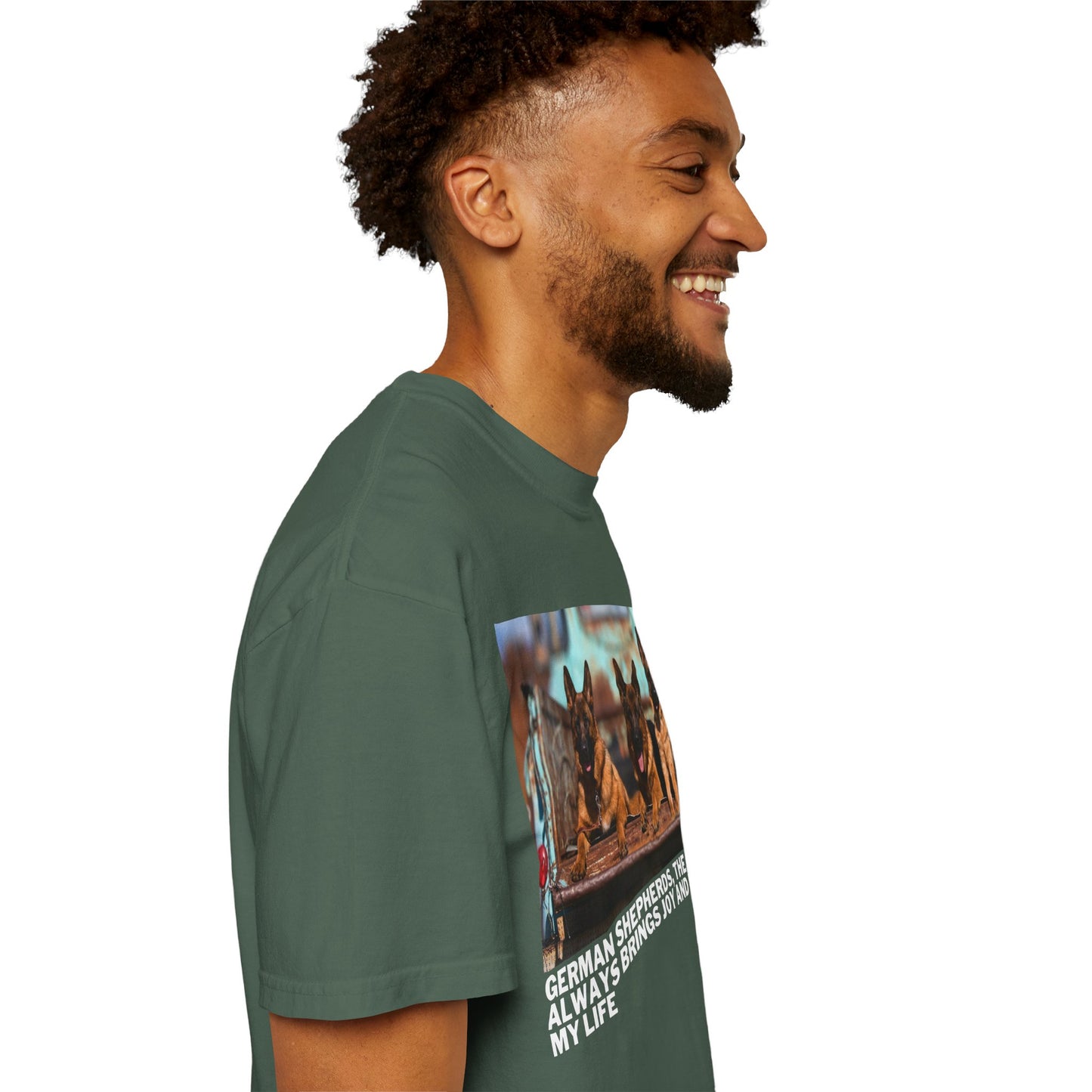 Unisex Dog Lover T-Shirt With Three German Shepherds Lying on the Truck's Cargo Bed in a Row and Caption The One Who Always Brings Joy and Love to My Love