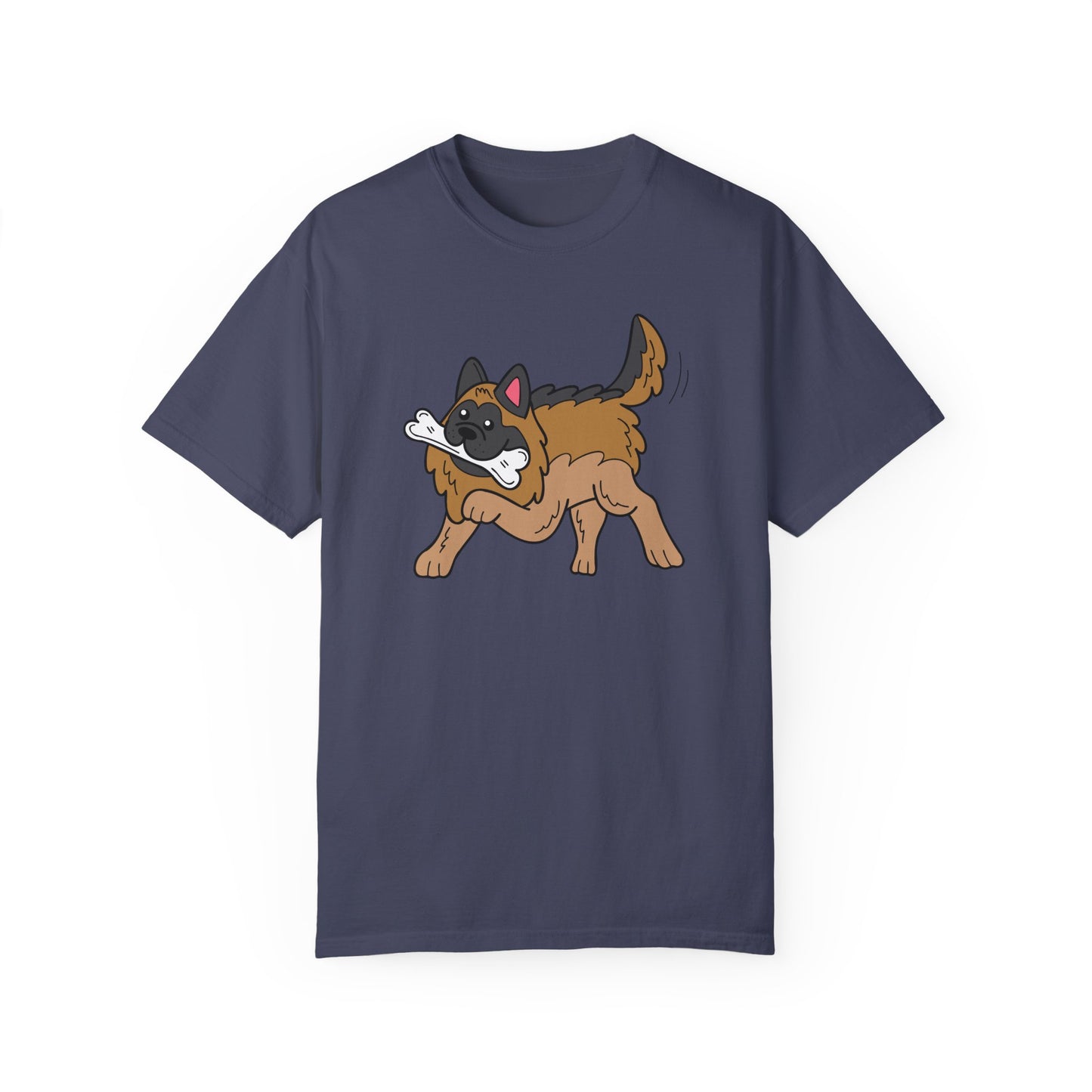 Unisex Dog Lover T-Shirt With a Graphic of a German Shepherd Holding a White Bone in Mouth