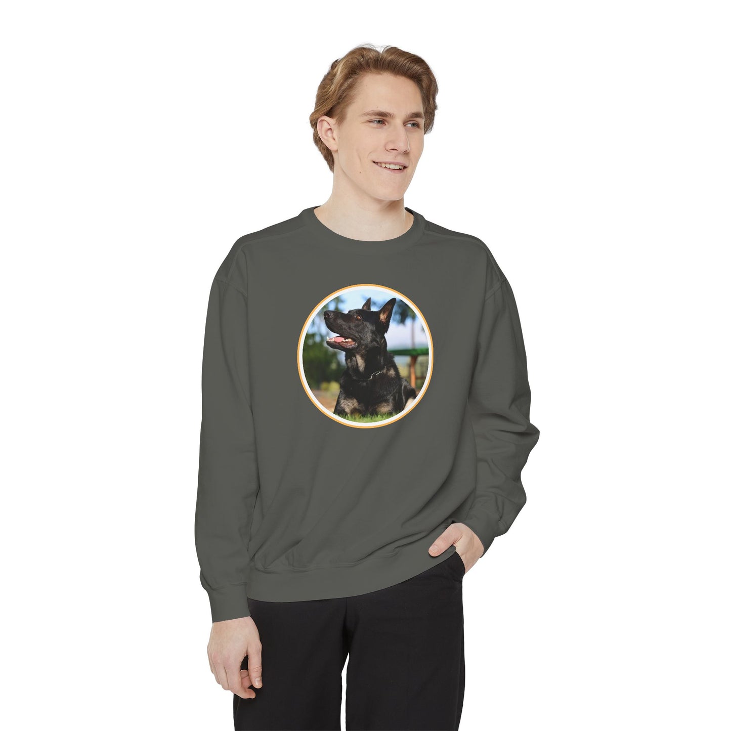 Unisex Dog Lover Sweatshirt With Close Up of Bicolor German Shepherd Inside Round Shape