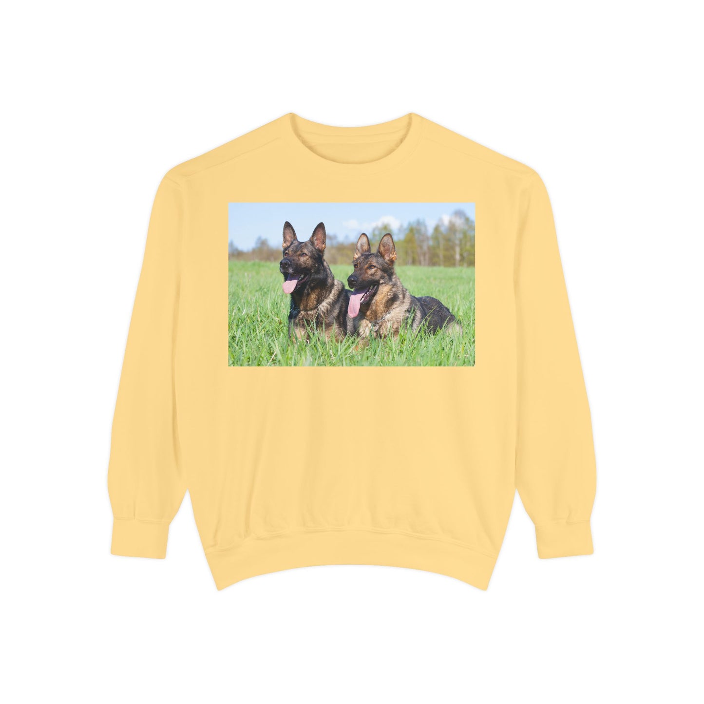 Unisex Dog Lover Sweatshirt With Two Giant German Shepherds Lying on the Grass With Tongues Out