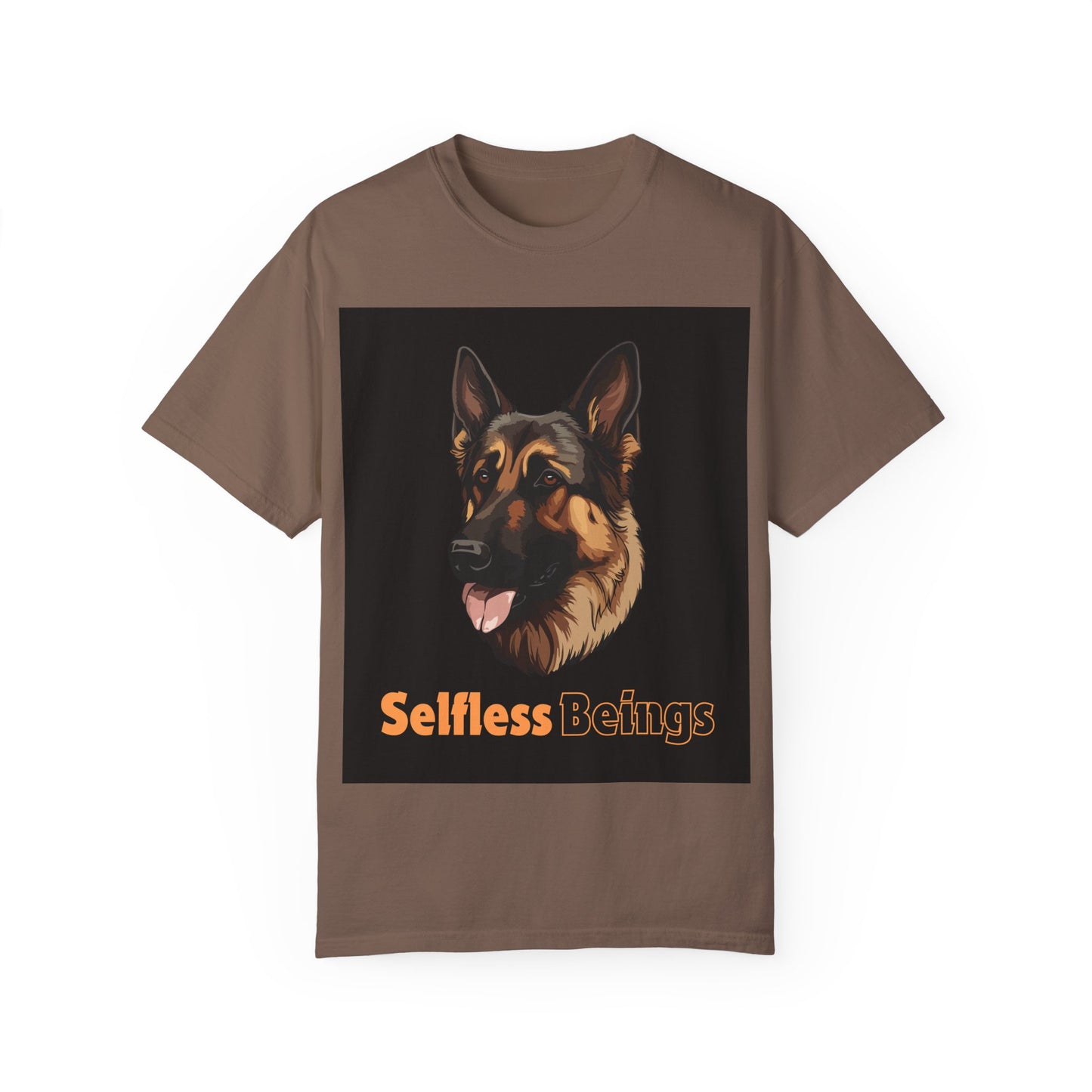 Unisex Dog Lover T-Shirt With Close Up Graphic of German Shepherd and Caption Selfless Beings is Written with Text Effect in Light Orange