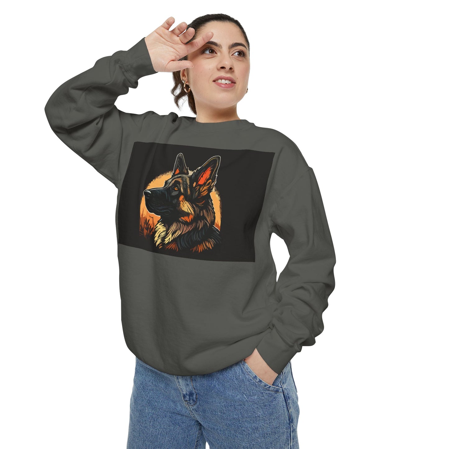 Unisex Dog Lover Sweatshirt With a Close Up Graphic of a German Shepherd In Front of Moon