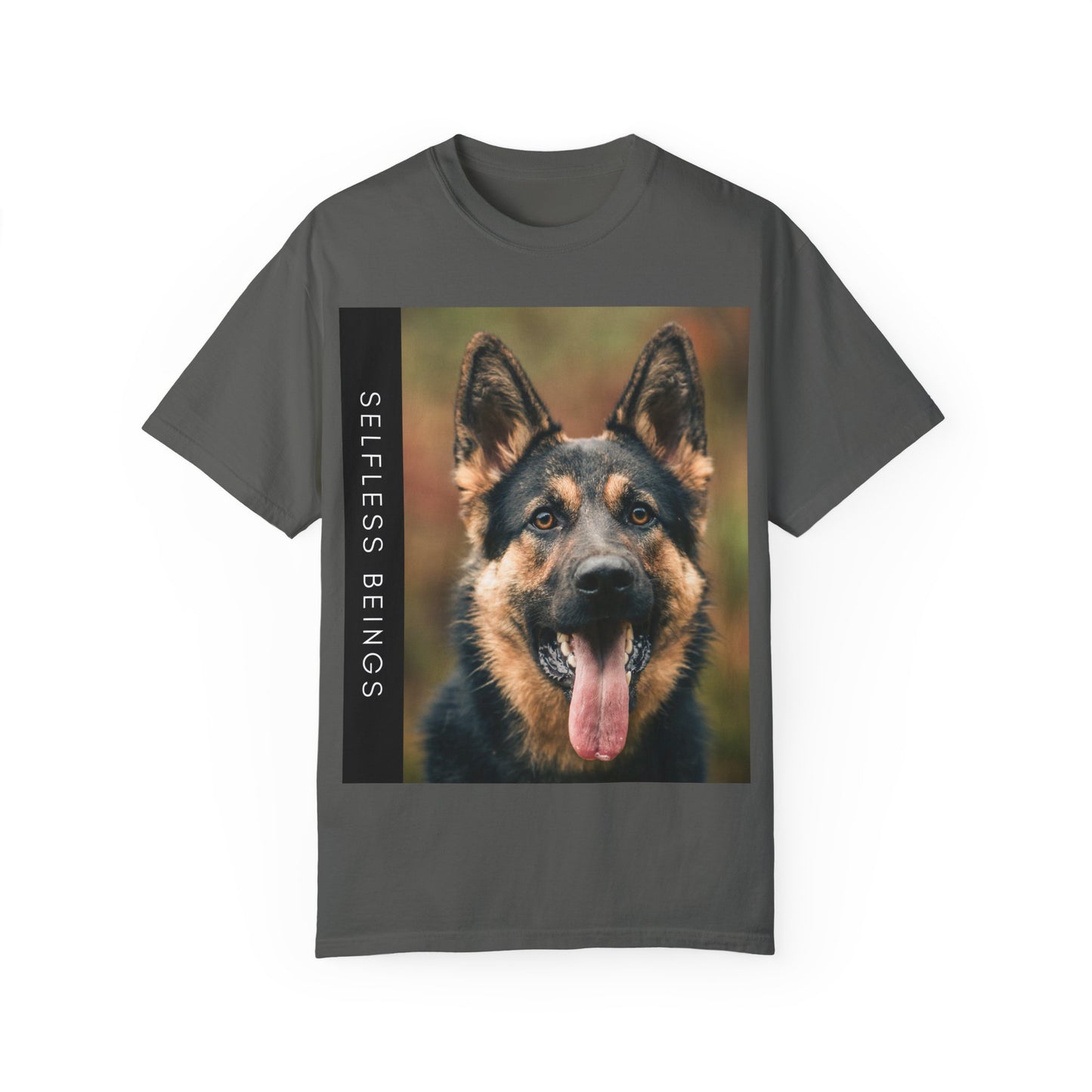 Unisex Dog Lover T-Shirt With Close Up of German Shepherd Leaving His Tongue Out and Caption Selfless Beings