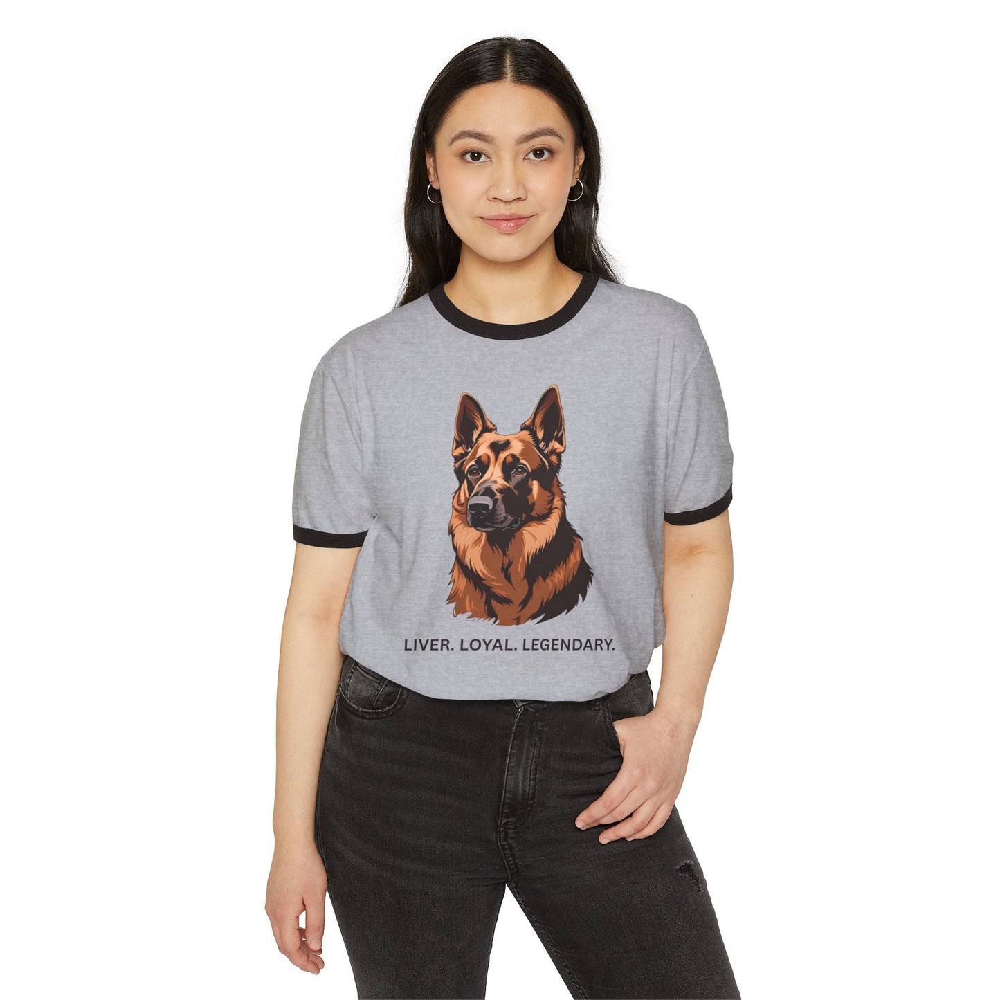 Liver German Shepherd Ringer Tee - Liver Loyal Legendary, Unisex Cotton T-Shirt for Dog Lovers, Pet Owner Gift, Casual Wear, Birthday Present, Animal Enthusiast Apparel