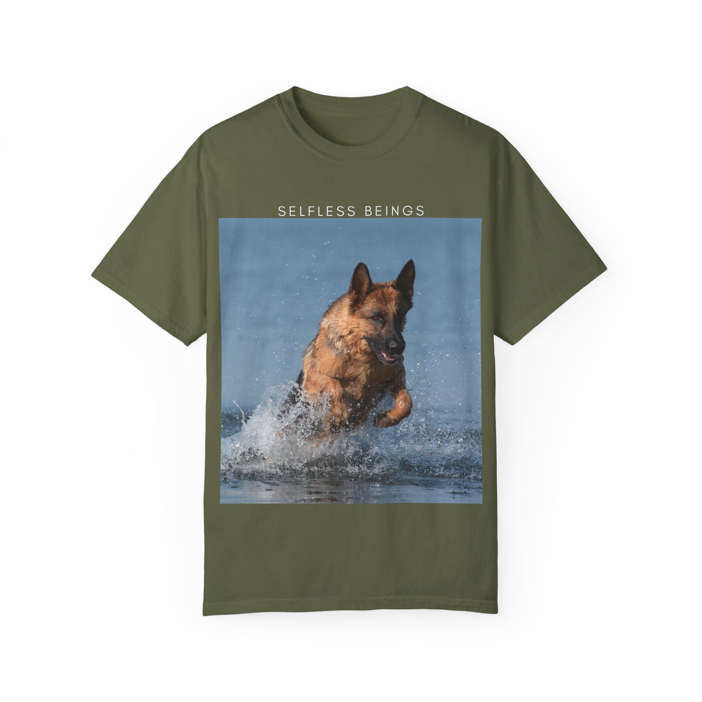 Unisex Dog Lover T-Shirt With Showline German Shepherd Swimming in the Sea and Caption Selfless Beings on Top