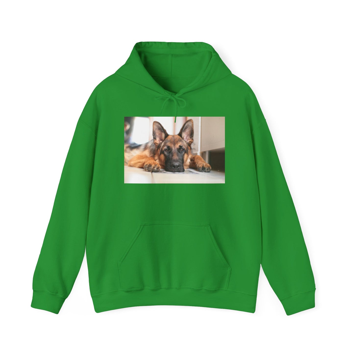 A Unisex Hoodie With a German Shepherd Lying His Head on the Floor