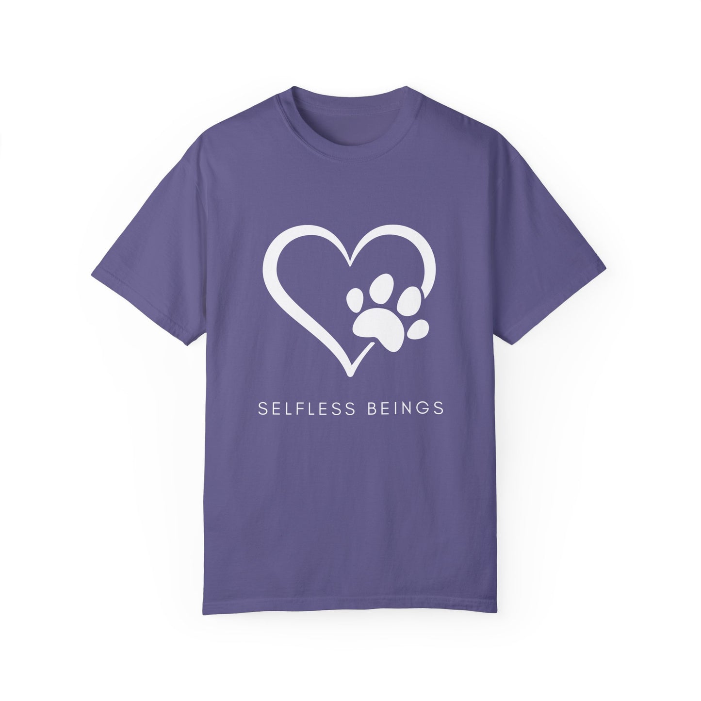 Unisex Dog Lover T-Shirt With Graphic of Heart Whose Right Side Contains Dog Paw's Print and Caption Selfless Beings
