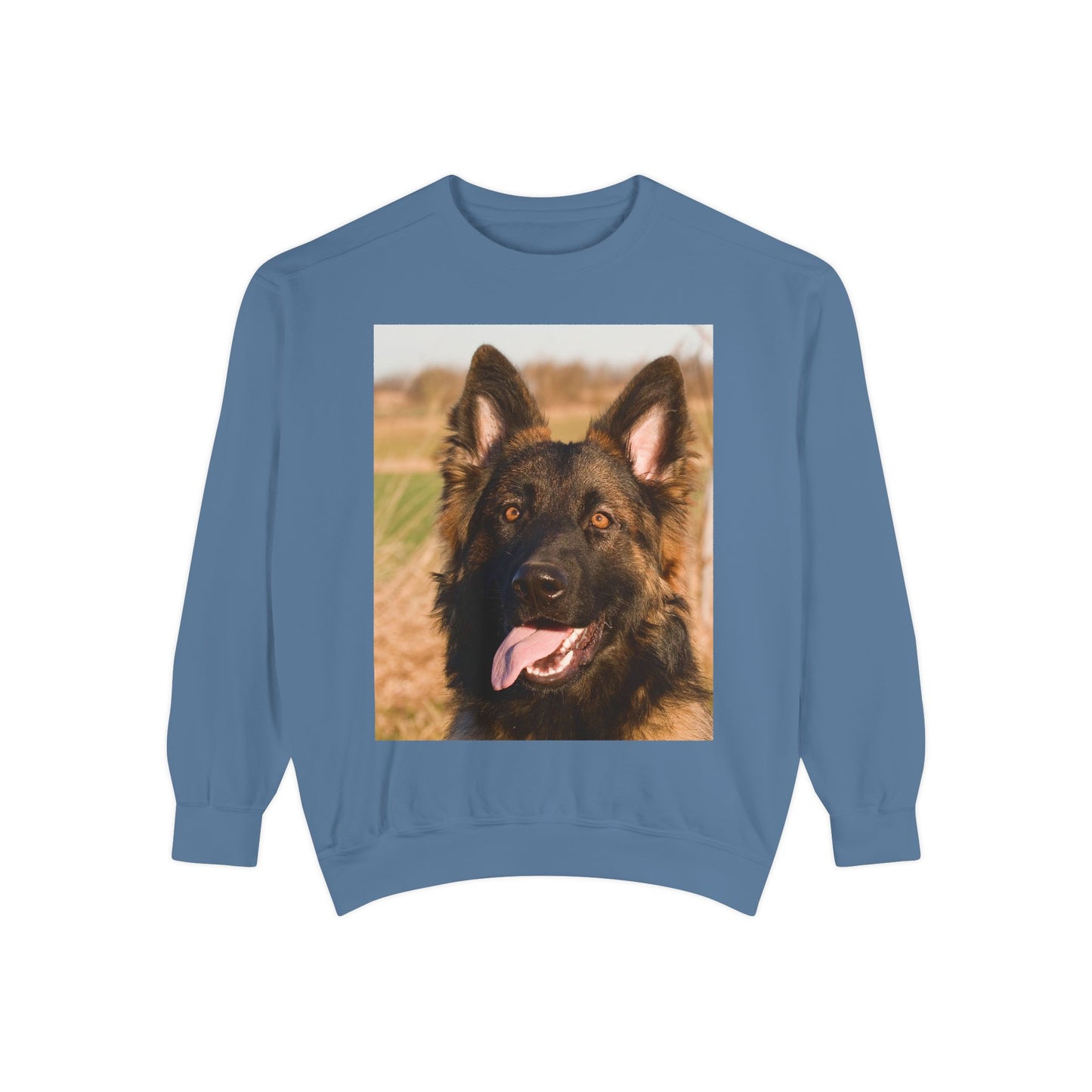 Unisex Dog Lover Sweatshirt With Close Up of Long Coat German Shepherd Sticking Tongue Out