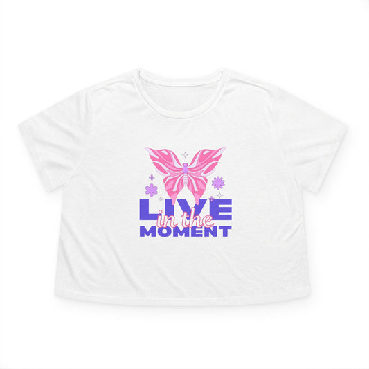 Cheerful Butterfly Flowy Cropped Tee - Live In the Moment, Women's Positive Vibes Shirt, Casual Summer Fashion, Spring Celebration Wear