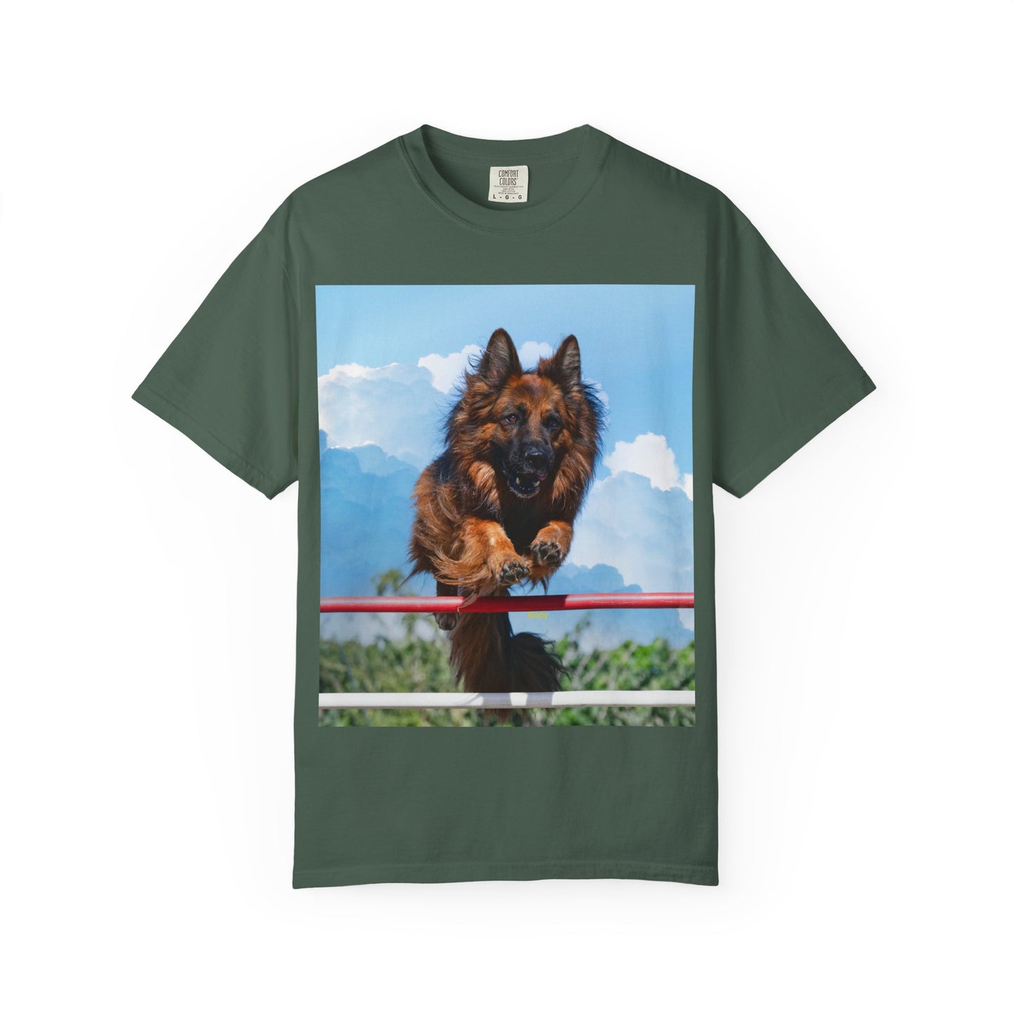 Unisex Dog Lovers T-Shirt Featuring a German Shepherd Jumping An Agility Fence