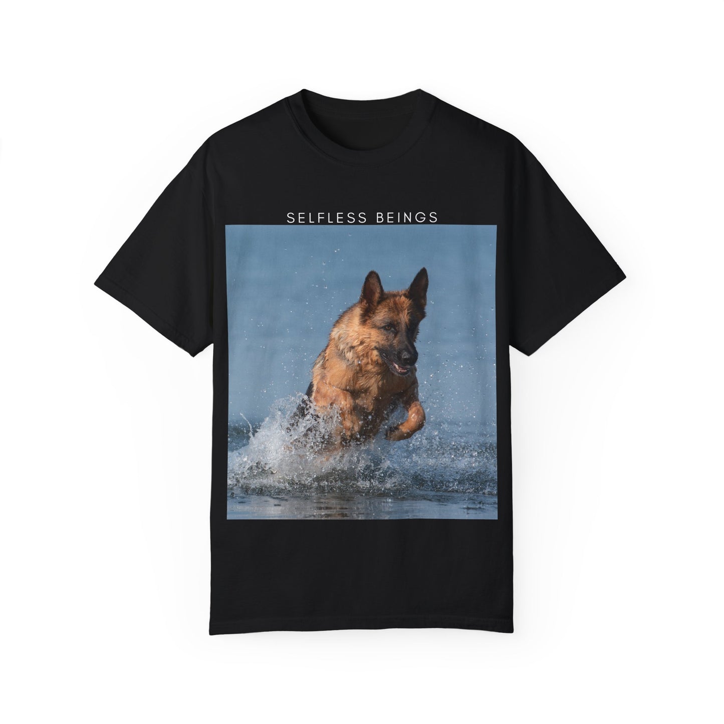 Unisex Dog Lover T-Shirt With Showline German Shepherd Swimming in the Sea and Caption Selfless Beings on Top