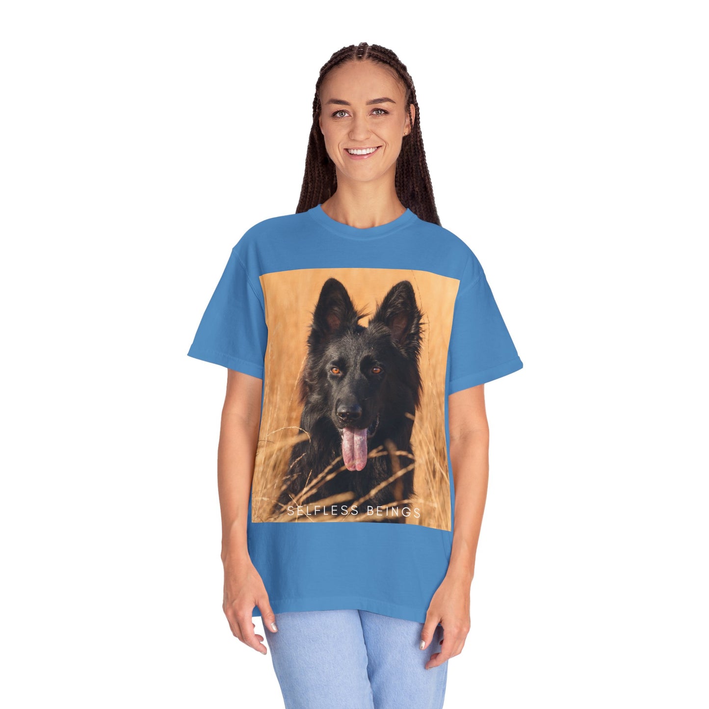 Unisex Dog Lover T-Shirt With Solid Black German Shepherd in the Middle of Long Dry Grass Leaving Tongue and Caption Selfless Beings
