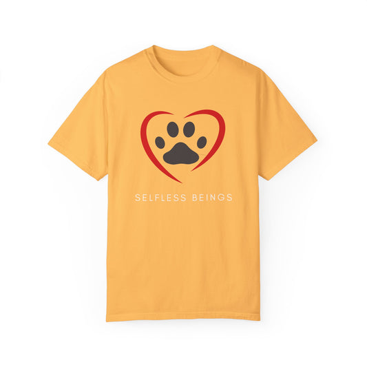 Unisex Dog Lover T-Shirt With Graphic of Curvy Heart Boundaries Contain Dog Paw Print and Caption Selfless Beings Below