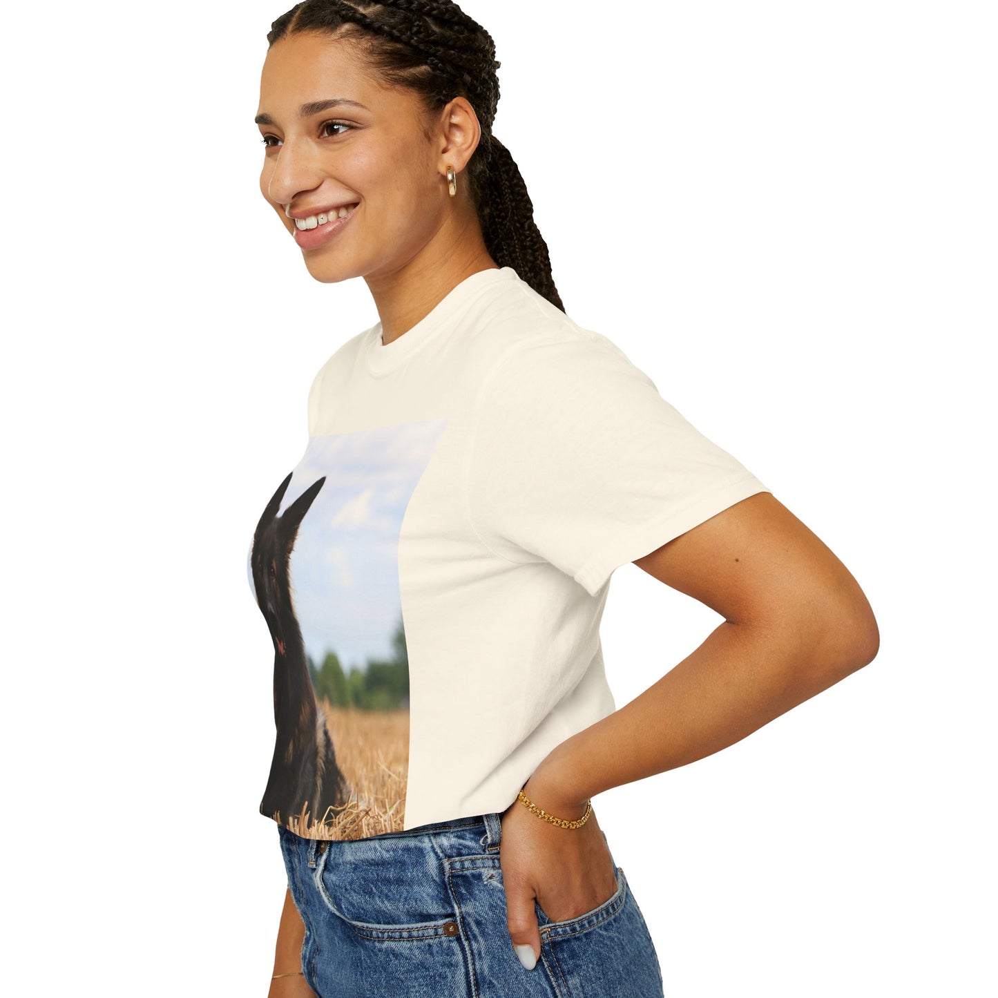 Unisex Dog Lover T-Shirt With Beautiful German Shepherd Sitting Over a Stover and Caption Selfless Beings