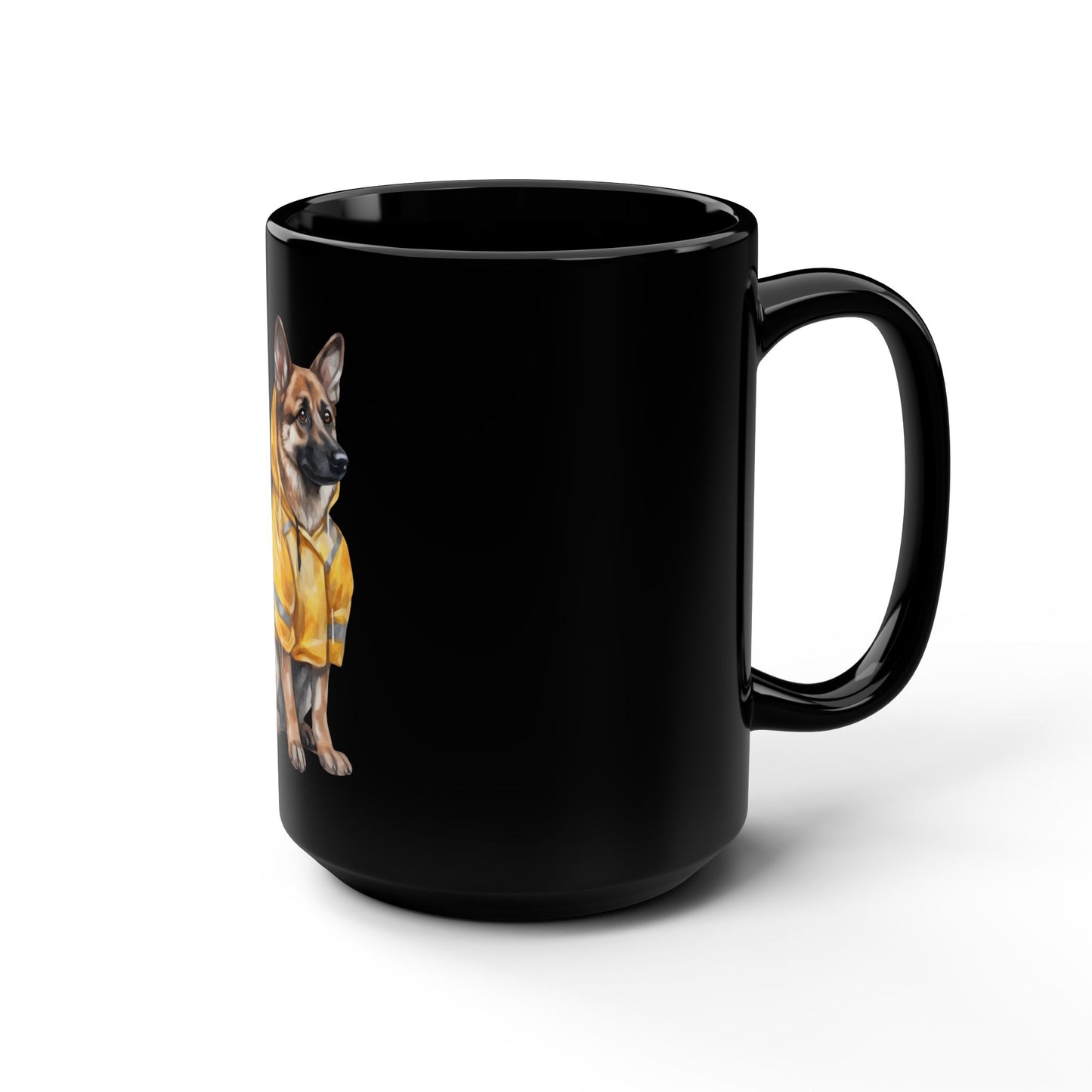 Black Coffee Mug 15oz With a Graphic of German Shepherd Wearing a Yellow Rain Coat