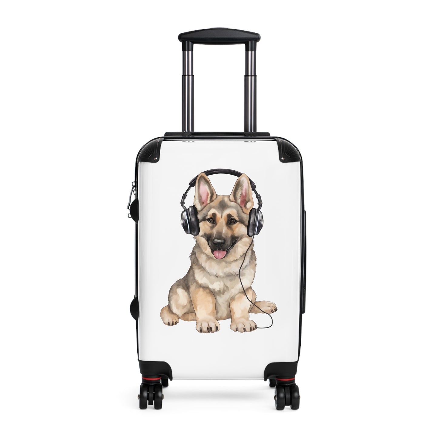 Travel Suitcase Featuring Graphic of German Shepherd Wearing Headphones Enjoying Music