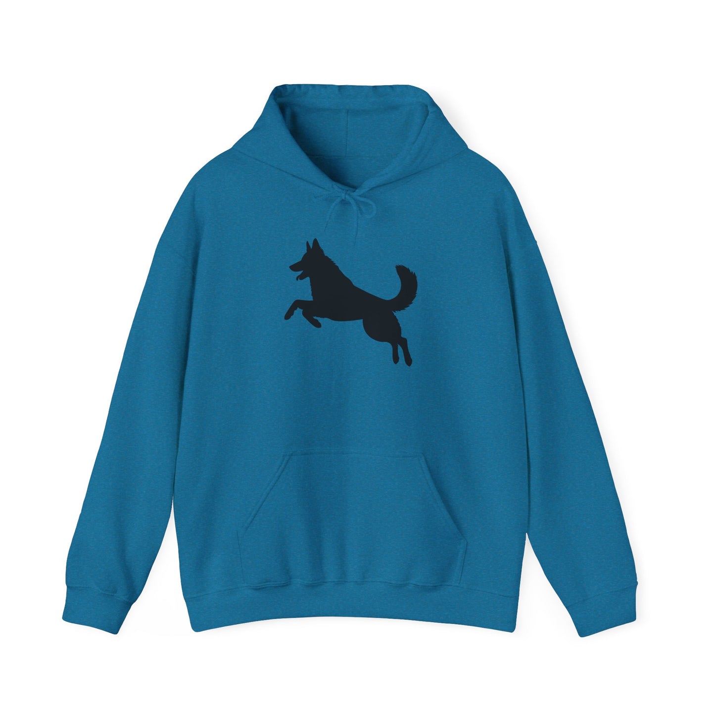Unisex Dog Lover Hoodie With a Graphic of Solid Black German Shepherd Jumping in the Air