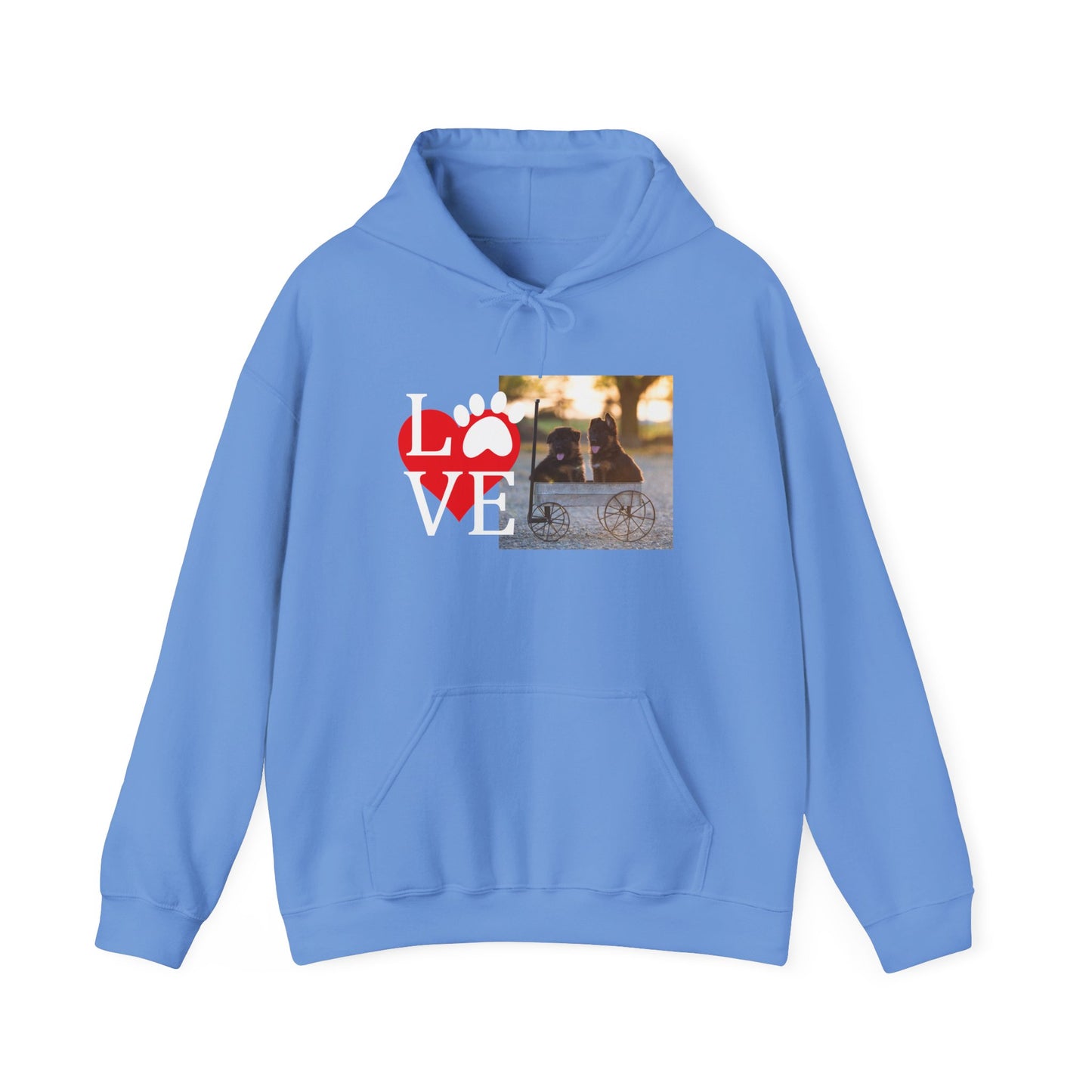 Unisex Dog Lover Hoodie With Two Cute German Shepherd Puppies Sitting on a Cart and Caption Love On Top of Red Heart